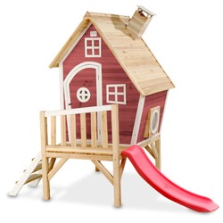 Drewniany domek ogrodowy dla dzieci ze zjeżdżalnią, werandą i schodkami Fantasia 300 czerwony
