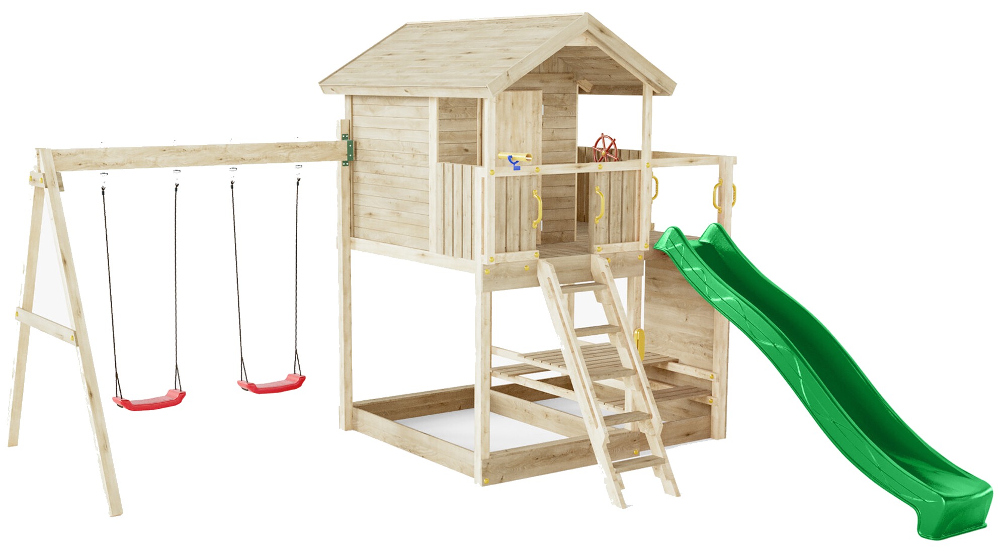 Plac zabaw drewniany ogrodowy Galaxy Moonlight KDI domek, 2x hutawka, zjedalnia, st piknikowy, cianka do wspinaczki, schodki, akcesoria