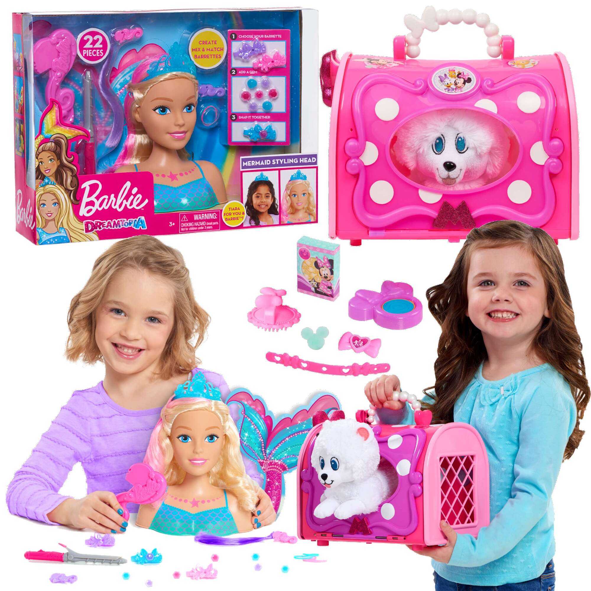 Lalka Gowa do stylizacji Syrenka Fryzjer Barbie Dreamtopia z akcesoriom + Myszka Minnie Transporter May Weterynarz biay piesek Maskotka Disney