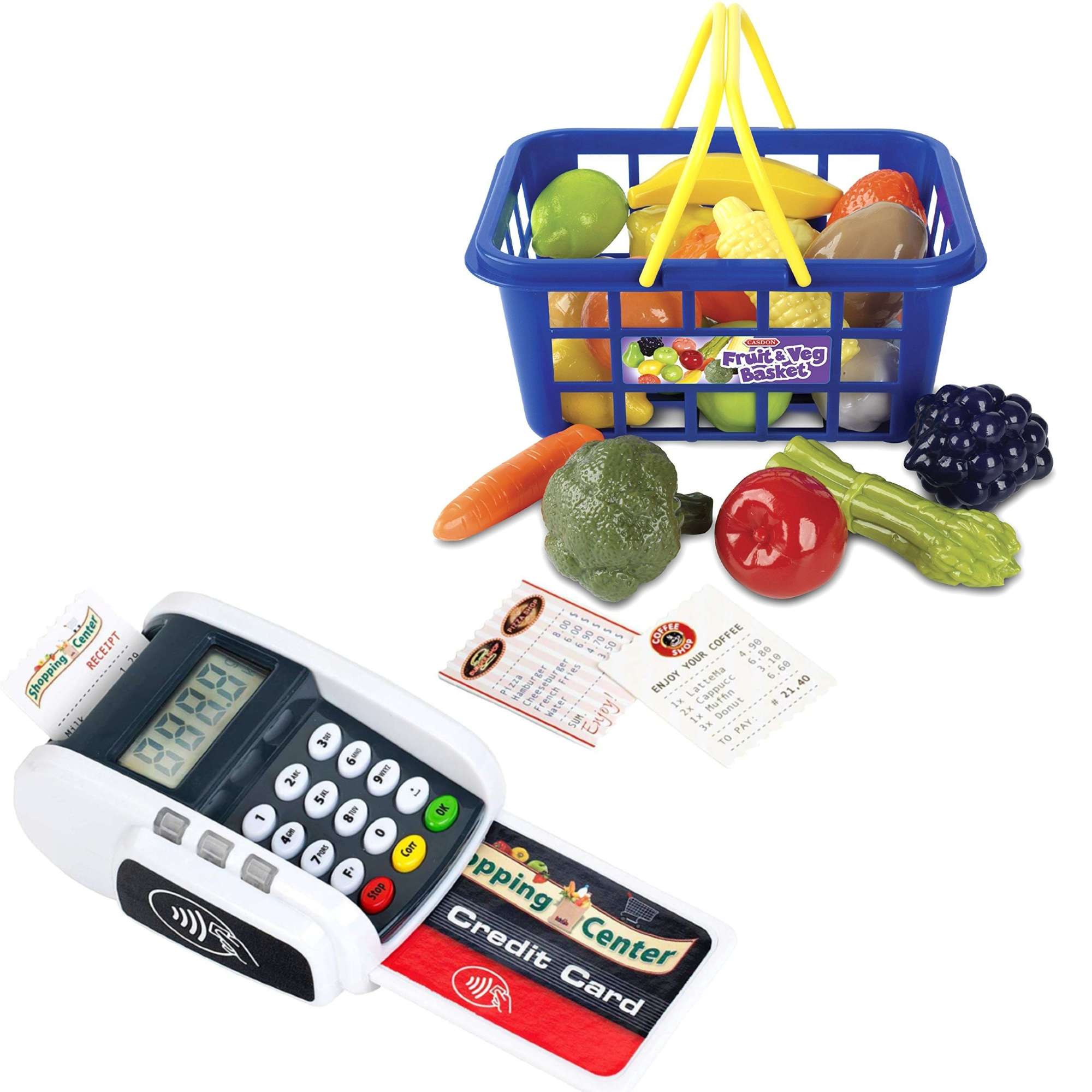 Zestaw Terminal patniczy Koszyk sklepowy na zakupy dla dzieci Karta Paragony owoce warzywa Zabawkowy Sklepowy Klein Dwik
