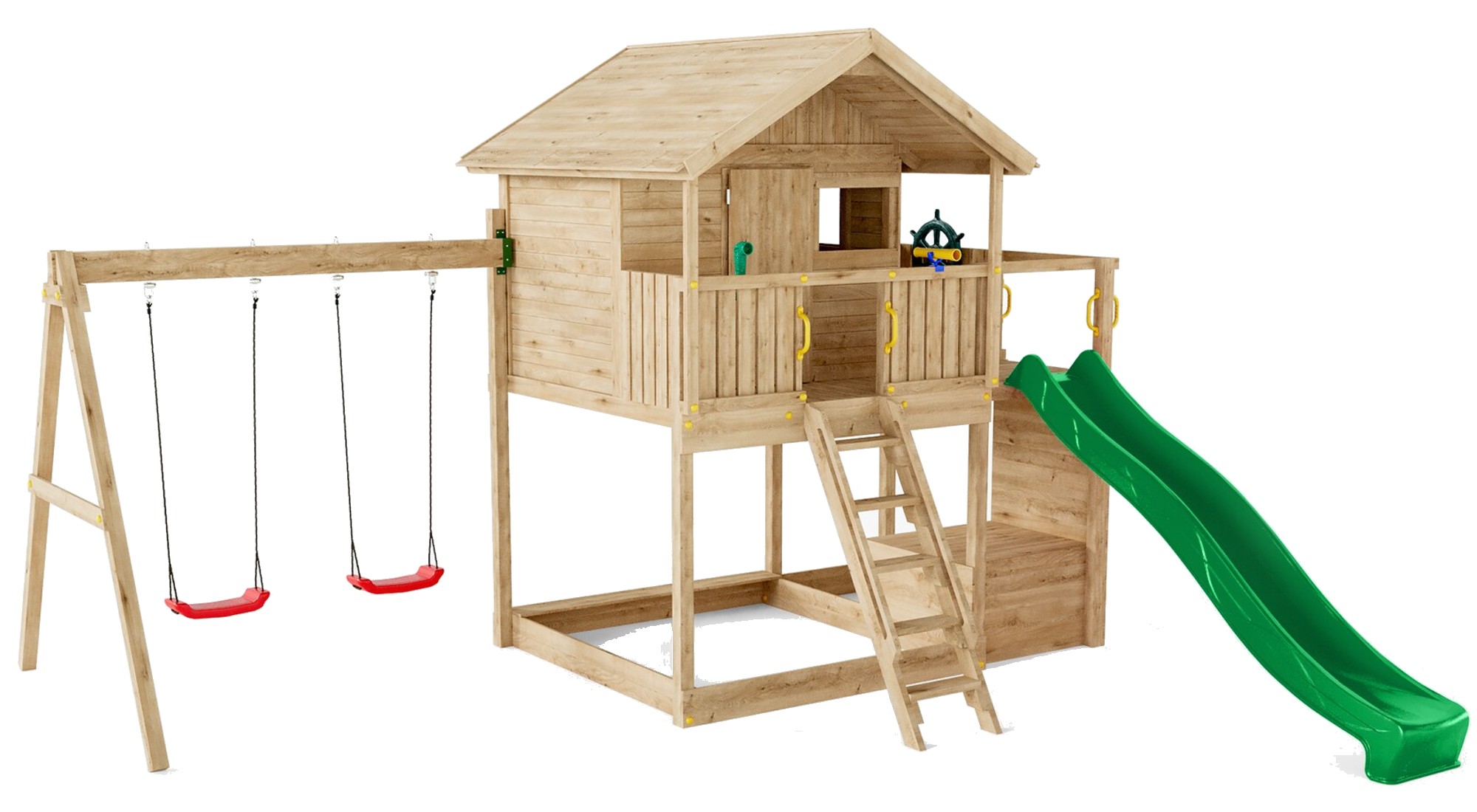 Plac zabaw drewniany ogrodowy Galaxy Sunshine KDI domek, 2x hutawka, zjedalnia, skrzynia piknikowa, cianka do wspinaczki, schodki, akcesoria