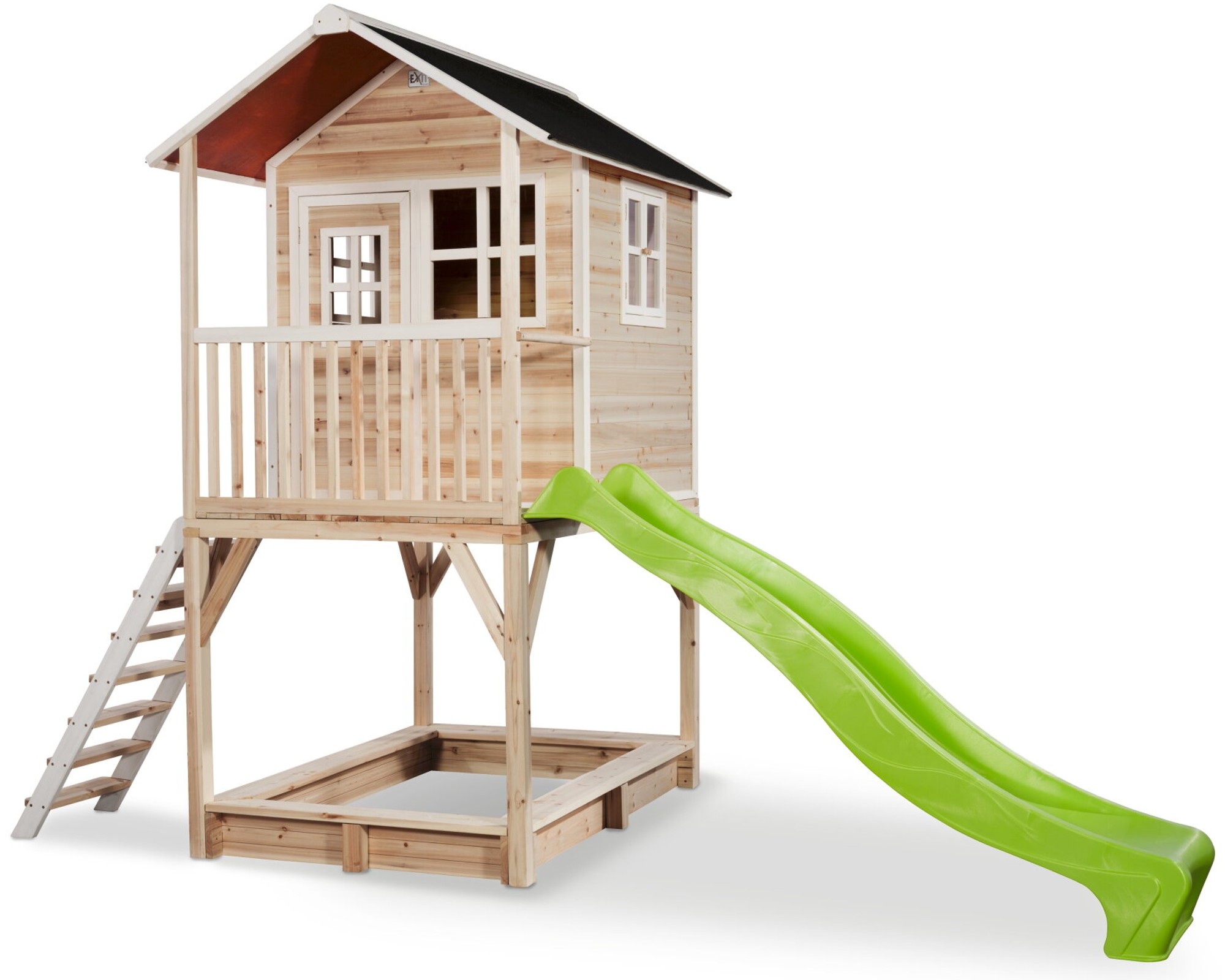 Drewniany domek ogrodowy dla dzieci Loft 700 (schodki, zjedalnia, taras, piaskownica) - naturalny