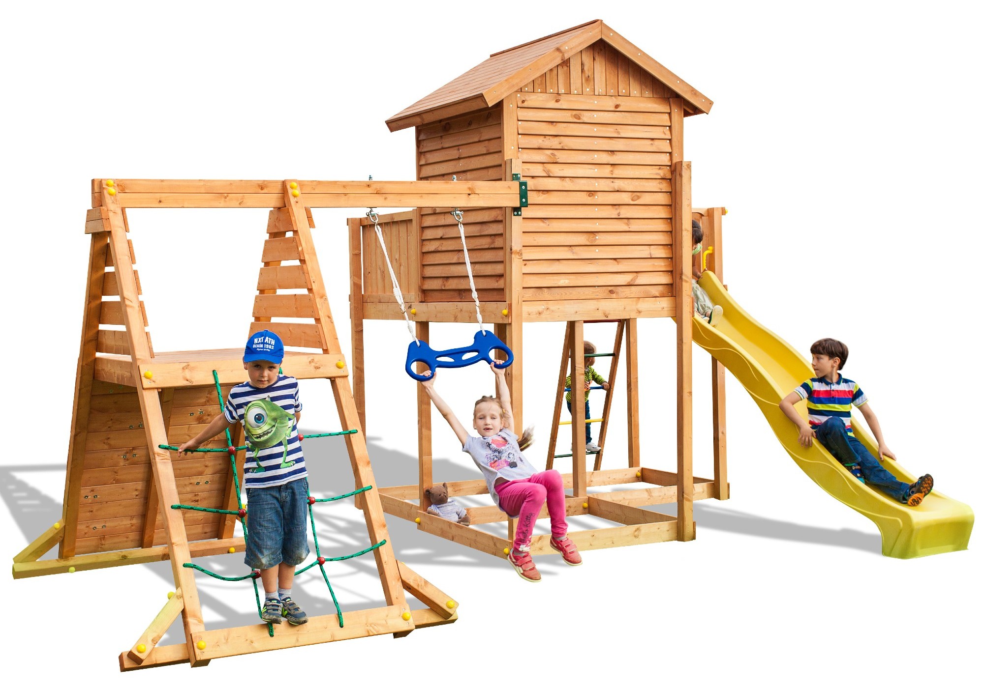Plac zabaw drewniany ogrodowy duy MySide Spider domek, zjedalnia, hutawka, drabinka, siatka i cianka wspinaczkowa