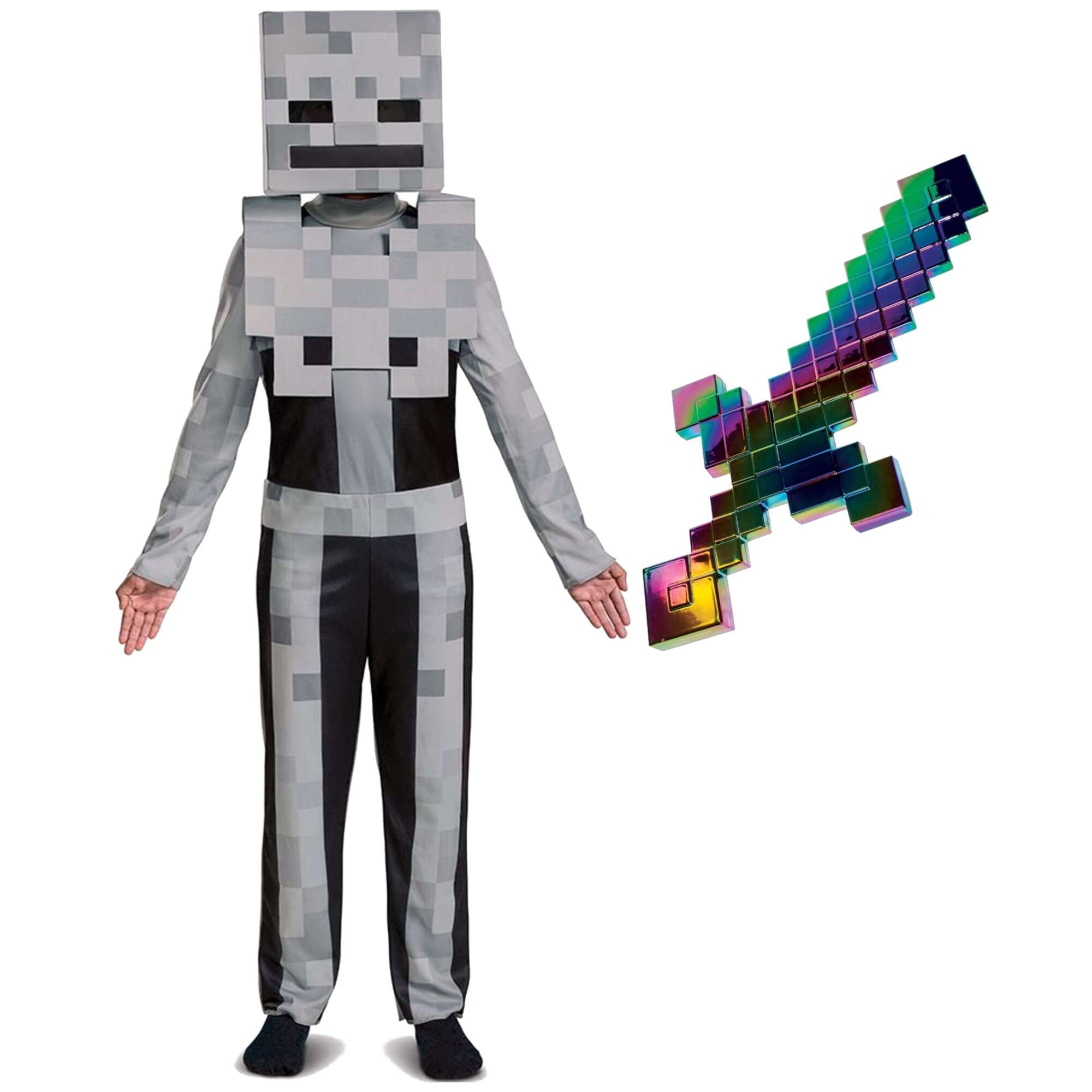 Minecraft Kostium Strj karnawaowy Skeleton Przebranie Biay Szkielet 137-149 cm 10-12 lat + Netherytowy miecz 51 cm