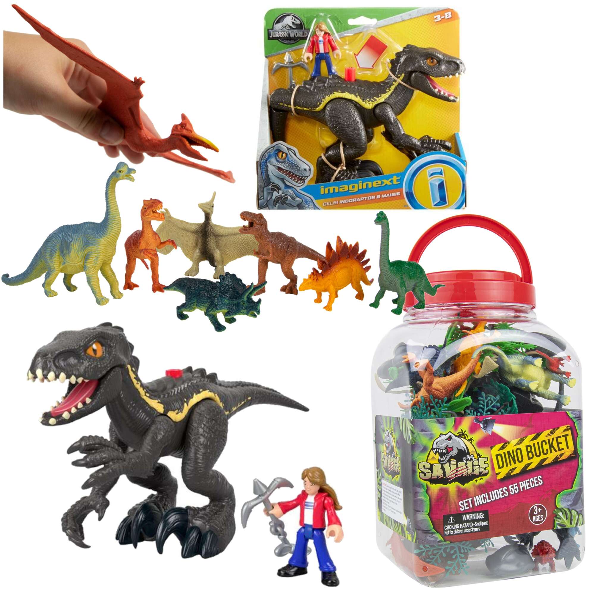 Mega zestaw dinazaurw - 55 elementw + Figurki Jurassic World Indoraptor i Maisie