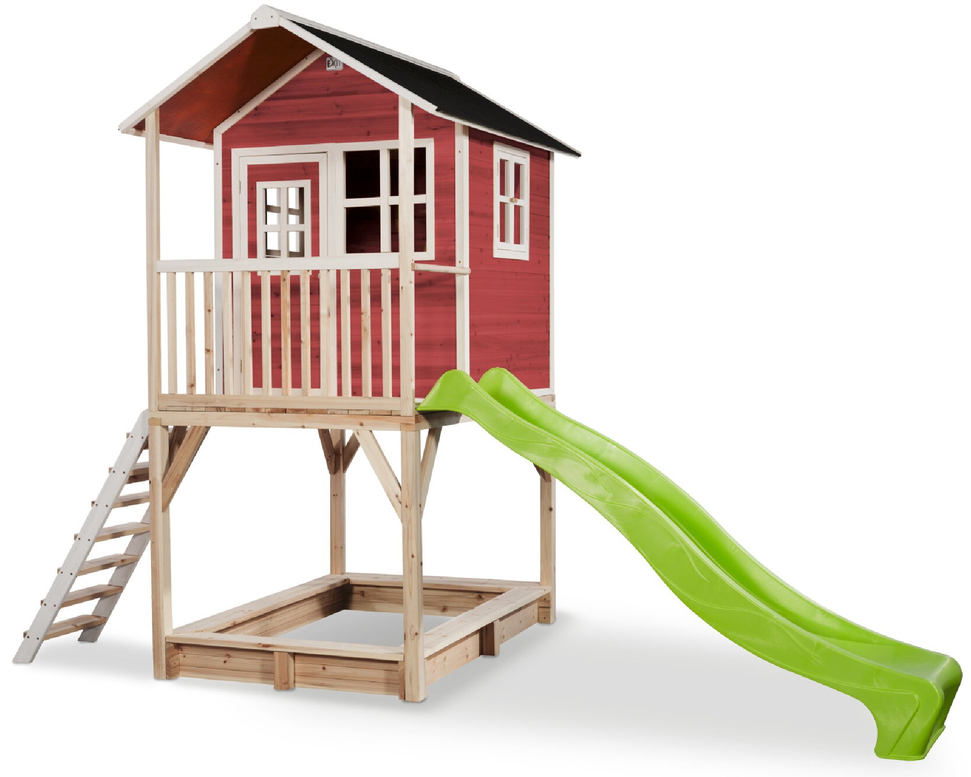 Drewniany domek ogrodowy dla dzieci Loft 700 (schodki, zjedalnia, taras, piaskownica) - czerwony