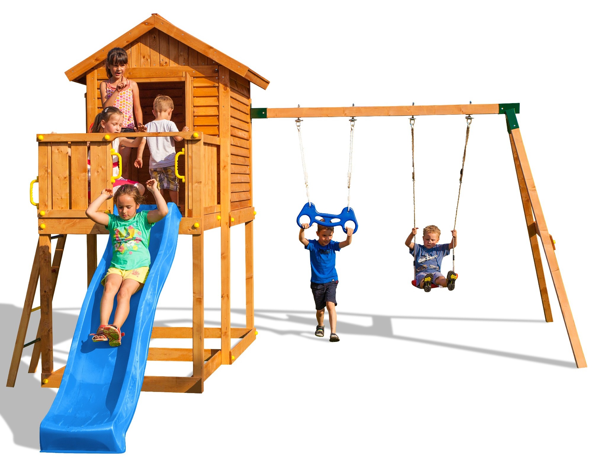 Plac zabaw drewniany ogrodowy MyHouse Move domek, zjedalnia, 2x hutawka, drabinka, kierownica