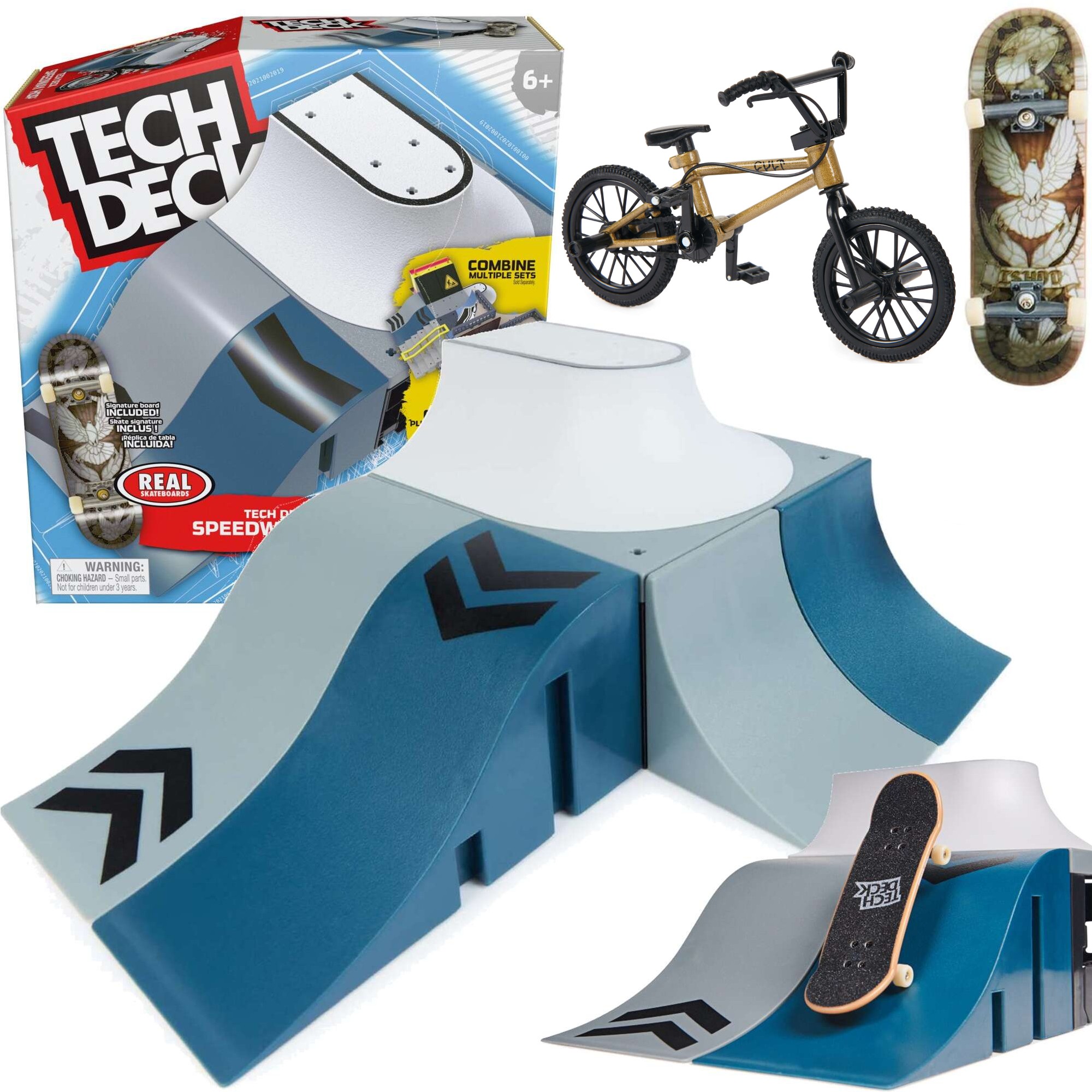 Tech Deck Zestaw Fingerboard Speedway Hop Rampa + Deskorolka oraz fingerbike BMX mini rower na palce zoty Cult