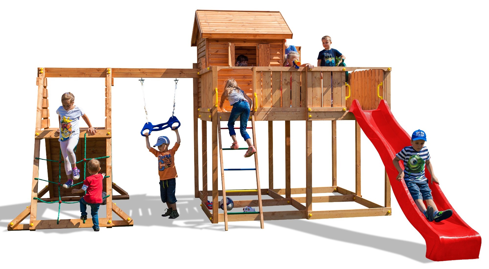 Plac zabaw drewniany ogrodowy MySpace XL Spider domek, zjedalnia, hutawka, cianka i sie wspinaczkowa, drabinka, ster