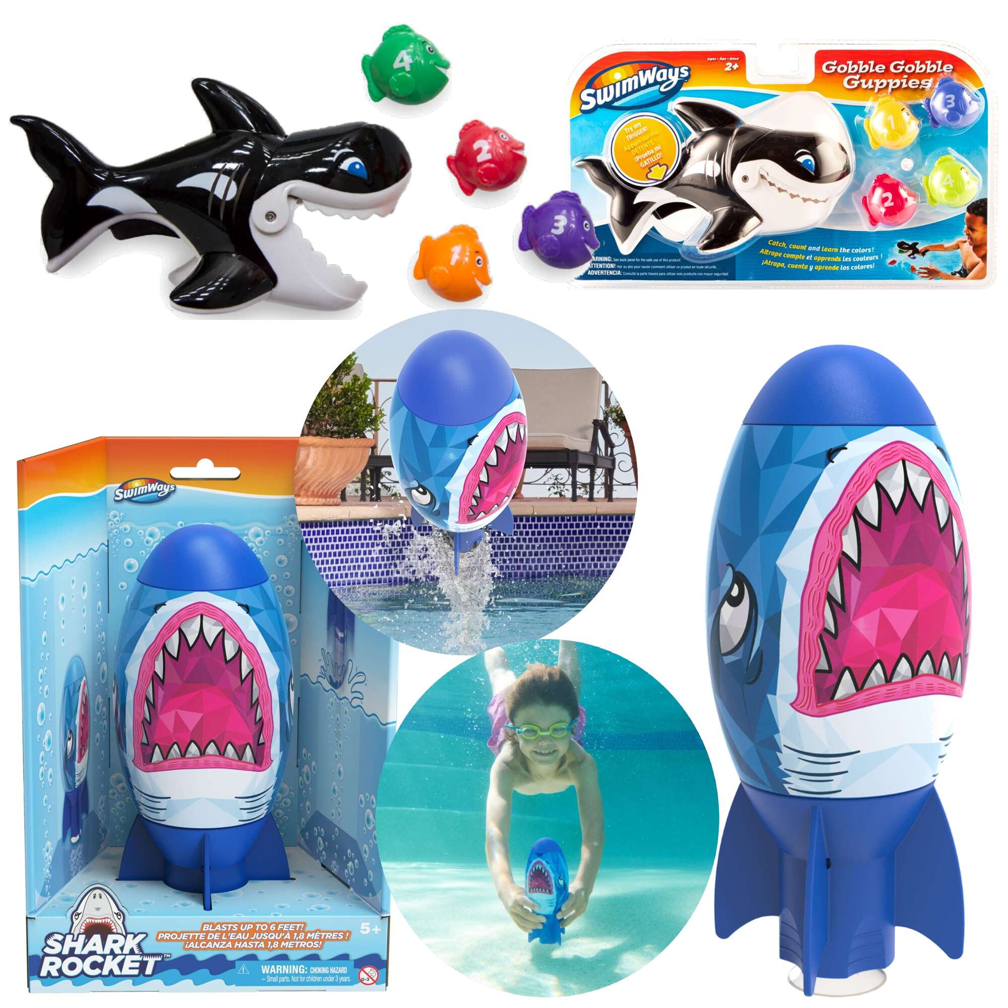 SwimWays zabawki do wody kpieli wanny Orka i rybki oraz torpeda Shark Rocket do nurkowania