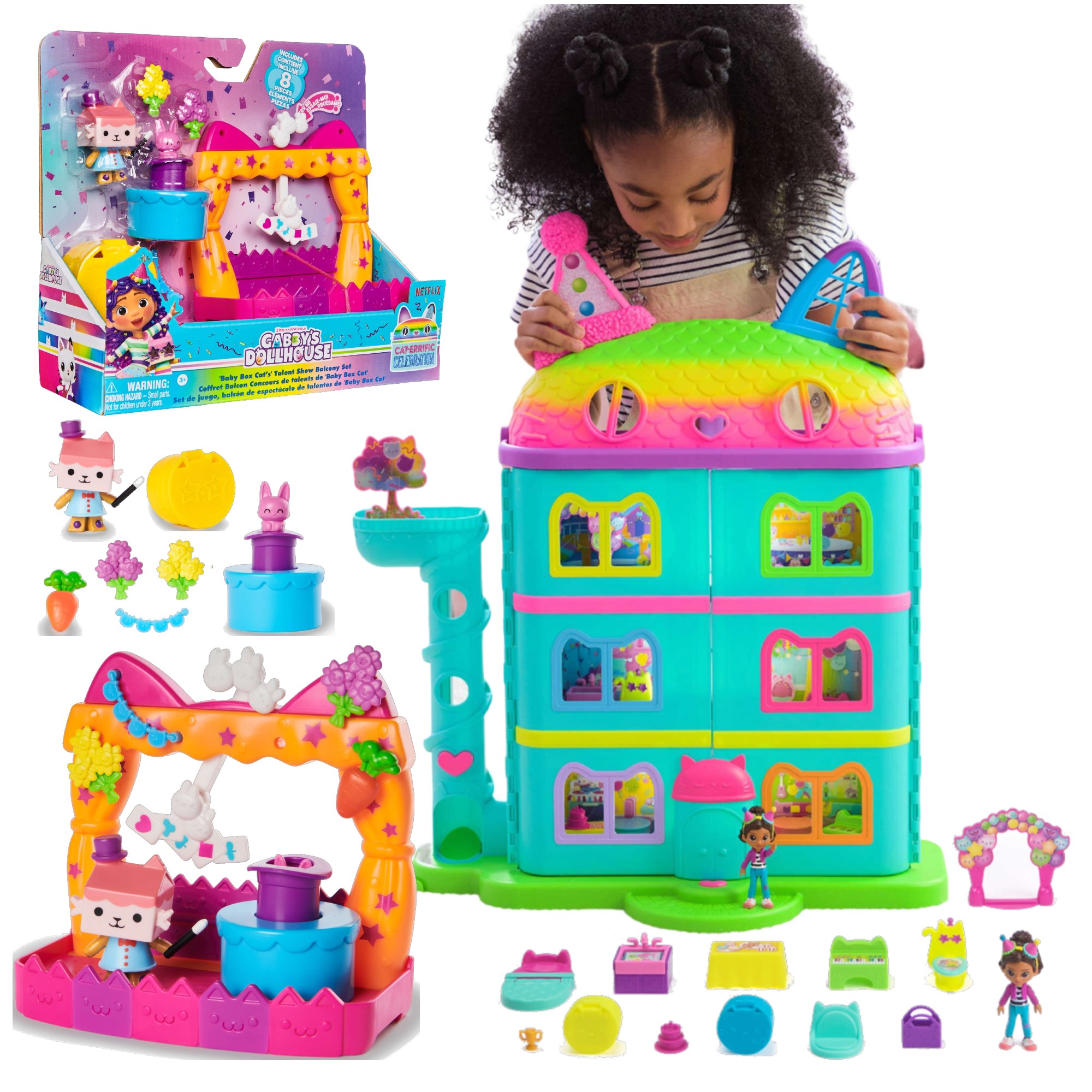 Gabby's Celebration Dollhouse Koci Domek Gabi zestaw Baby Box Cat Balkon Tekturztka + akcesoria