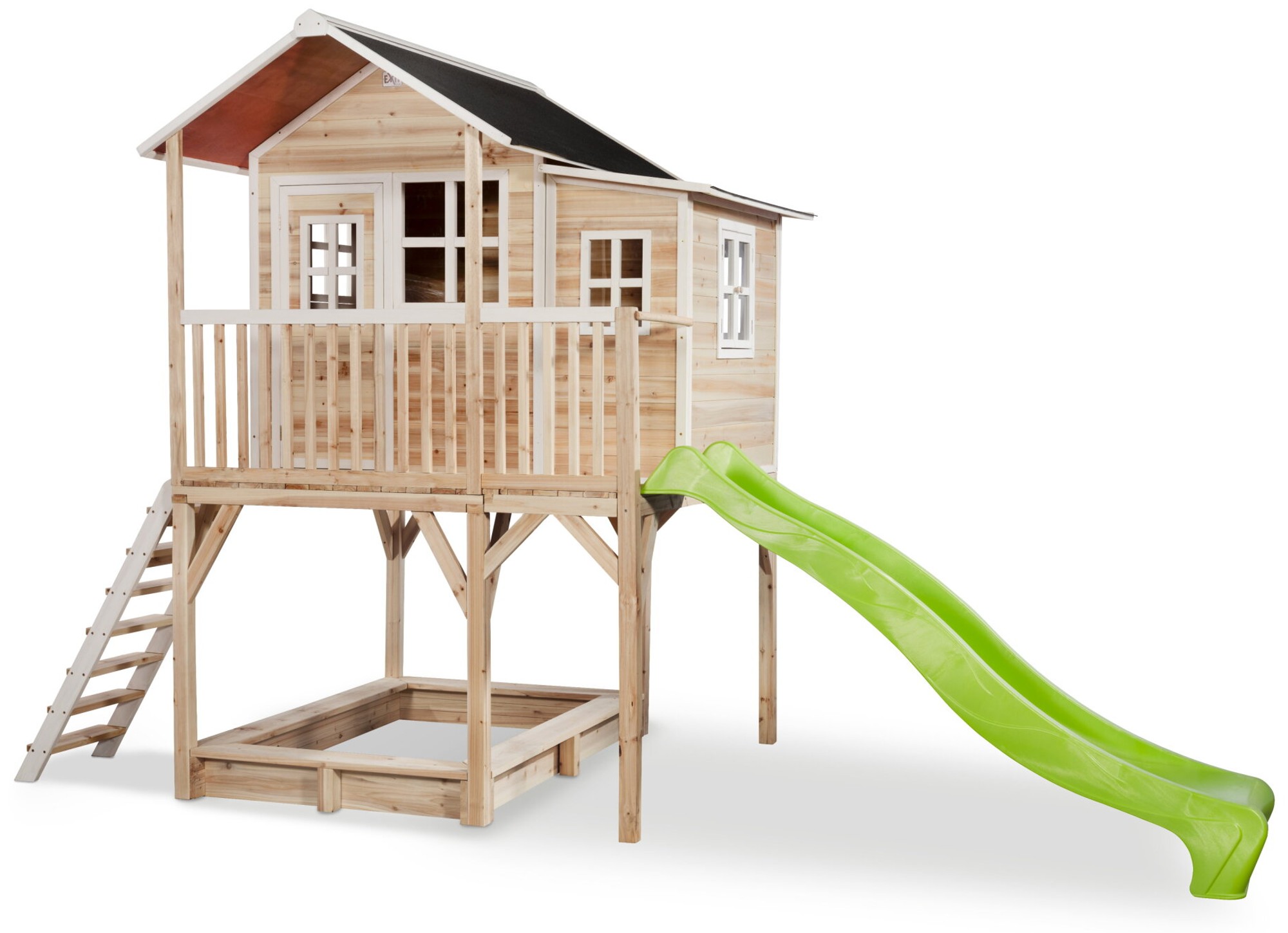 Drewniany domek ogrodowy dla dzieci Loft 750 (schodki, zjedalnia, taras, piaskownica) - naturalny