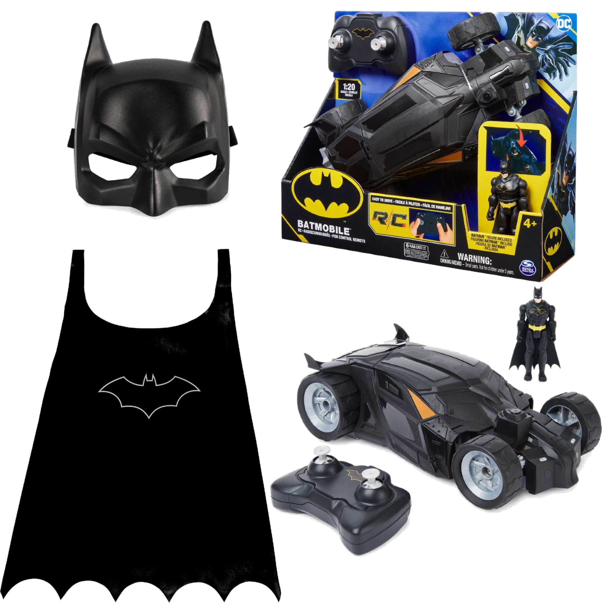 Zestaw kostium Batman + maska i peleryna, Batmobile zdalnie sterowany pojazd RC samochd auto i figurka DC Comics