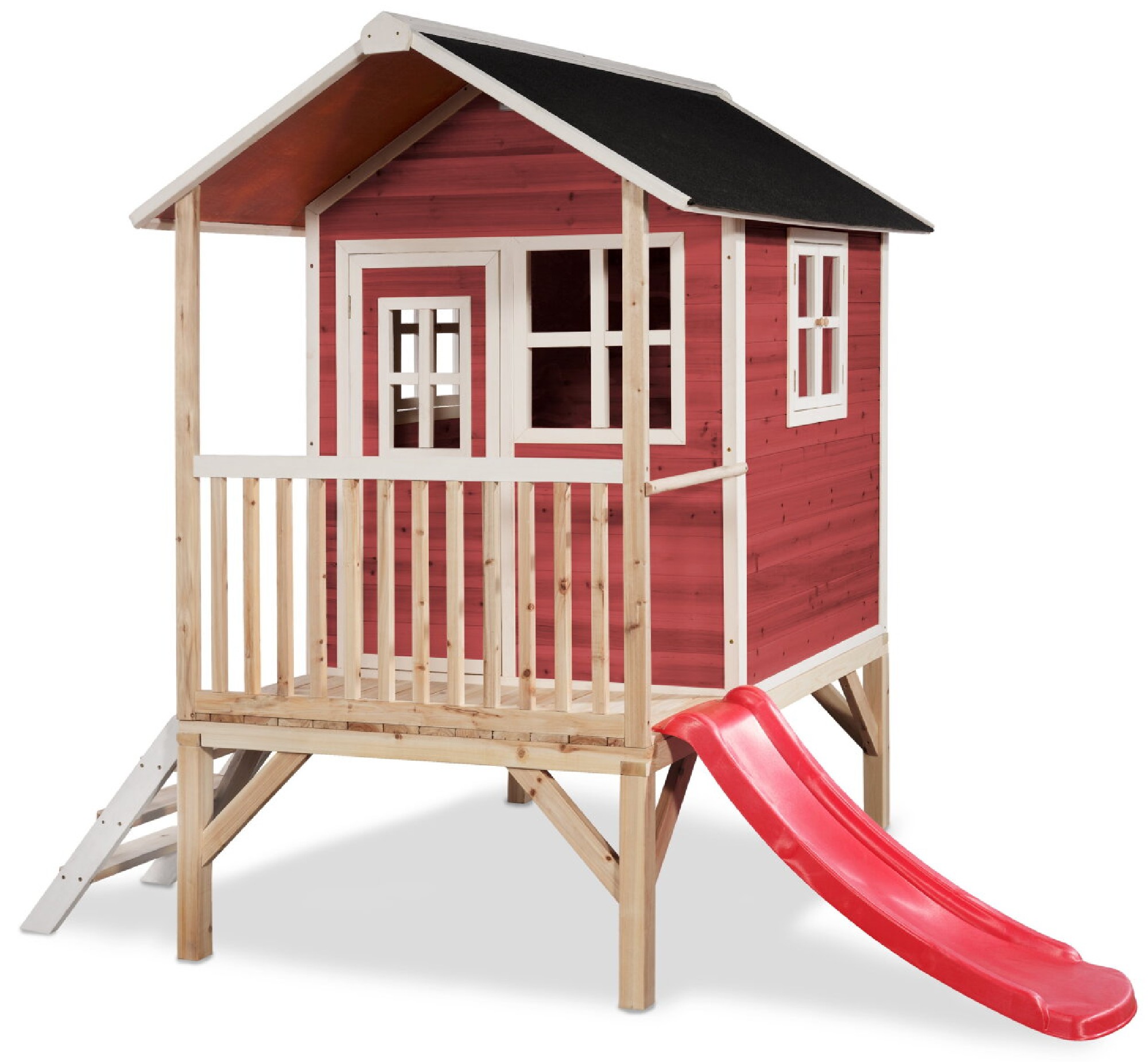 Drewniany domek ogrodowy dla dzieci Loft 300 (schodki, zjedalnia, taras) - czerwony