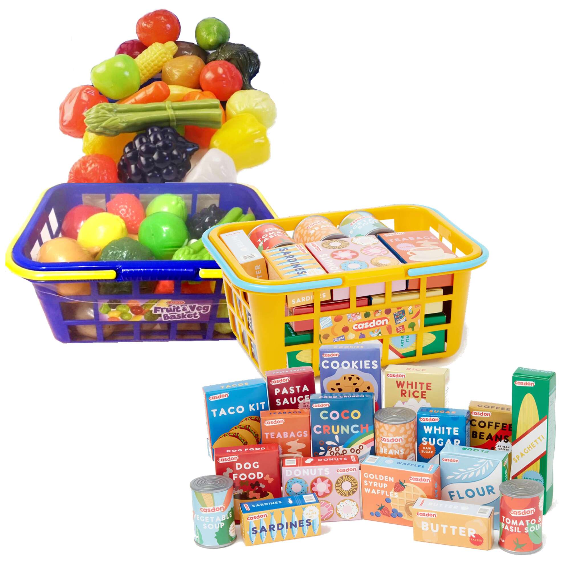 Zabawkowe koszyki sklepowe na zakupy z akcesoriami: owocami i warzywami
