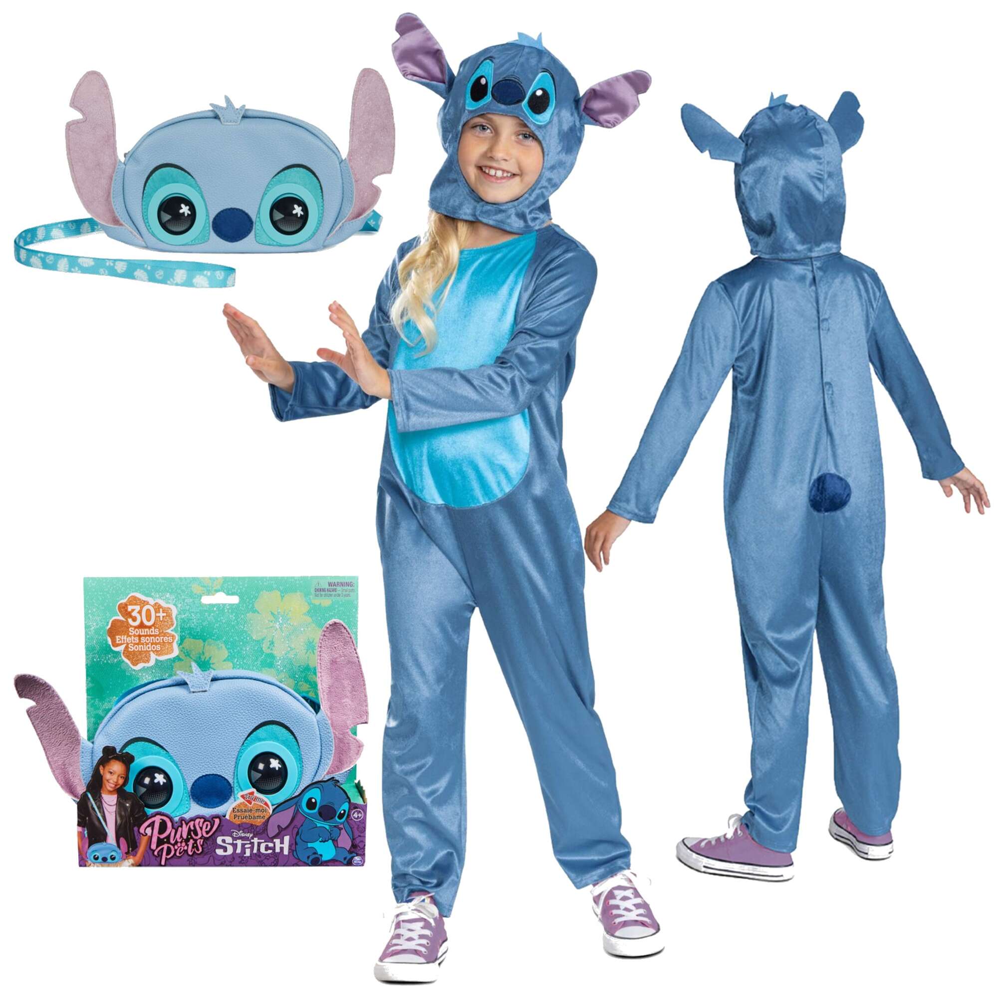 Purse Pets Disney Lilo i Stitch Niebieska Interaktywna Torebka z ruchomymi oczami z dwikiem + Disney Lilo&Stitch strj karnawaowy Stitch kostium przebranie 127-136 cm (7-8 lat) Kigurumi