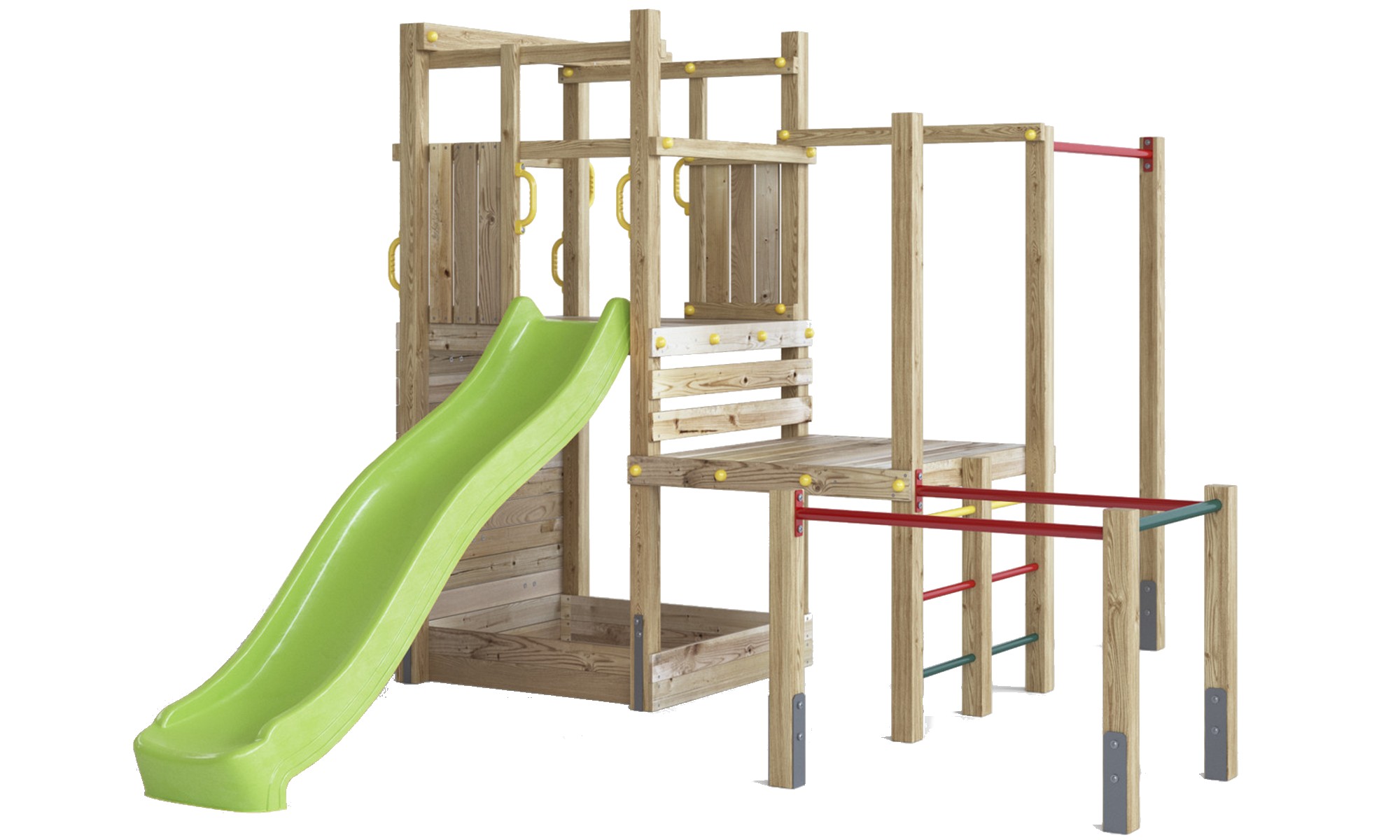 Plac zabaw drewniany ogrodowy Climbing Star 4 KDI zjedalnia, piaskownica, cianka i lina wspinaczkowa, porcze gimnastyczne, drabinki