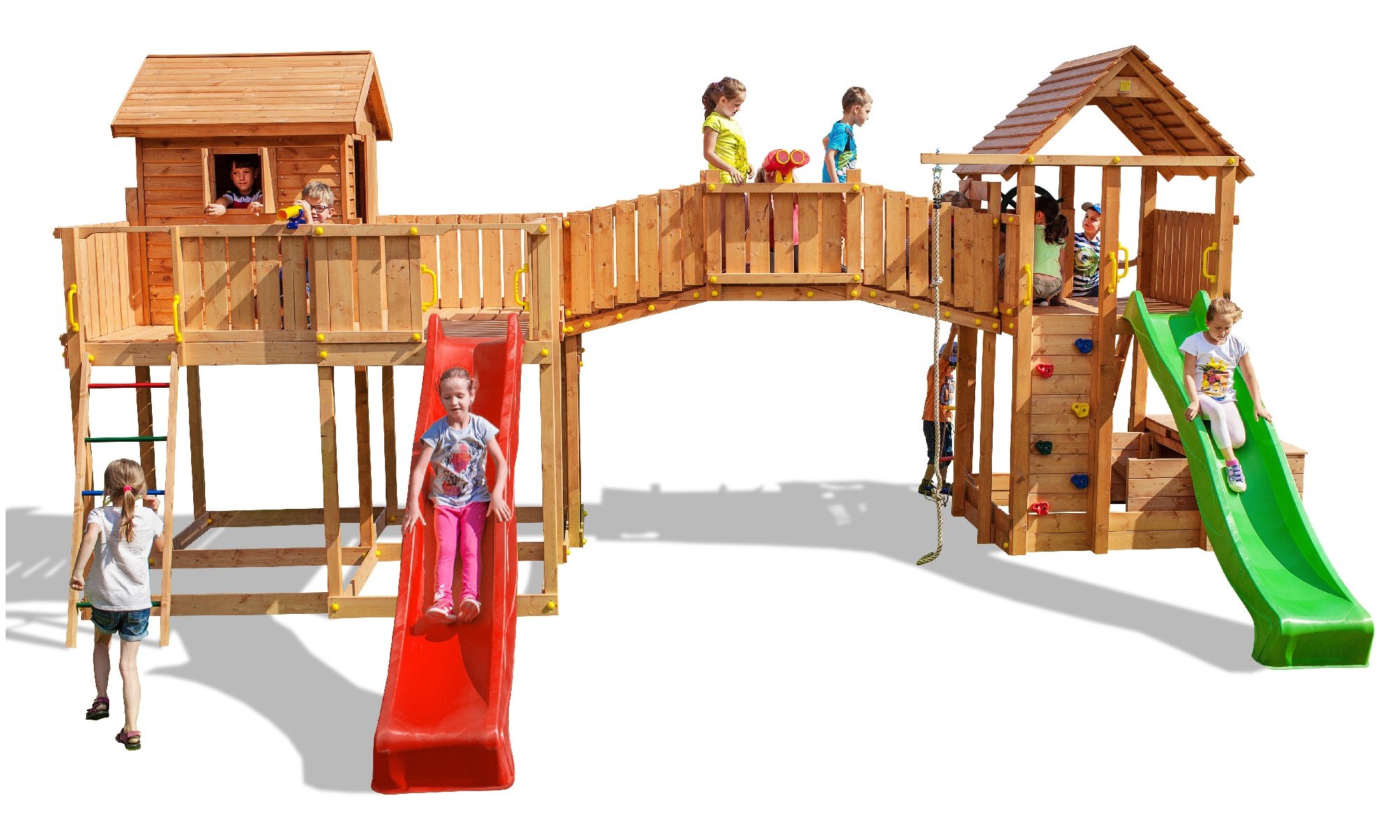 Plac zabaw drewniany XXL Joyful Castel 2x domek, 2x zjedalnia, cianka i lina wspinaczkowa, most, drabinki
