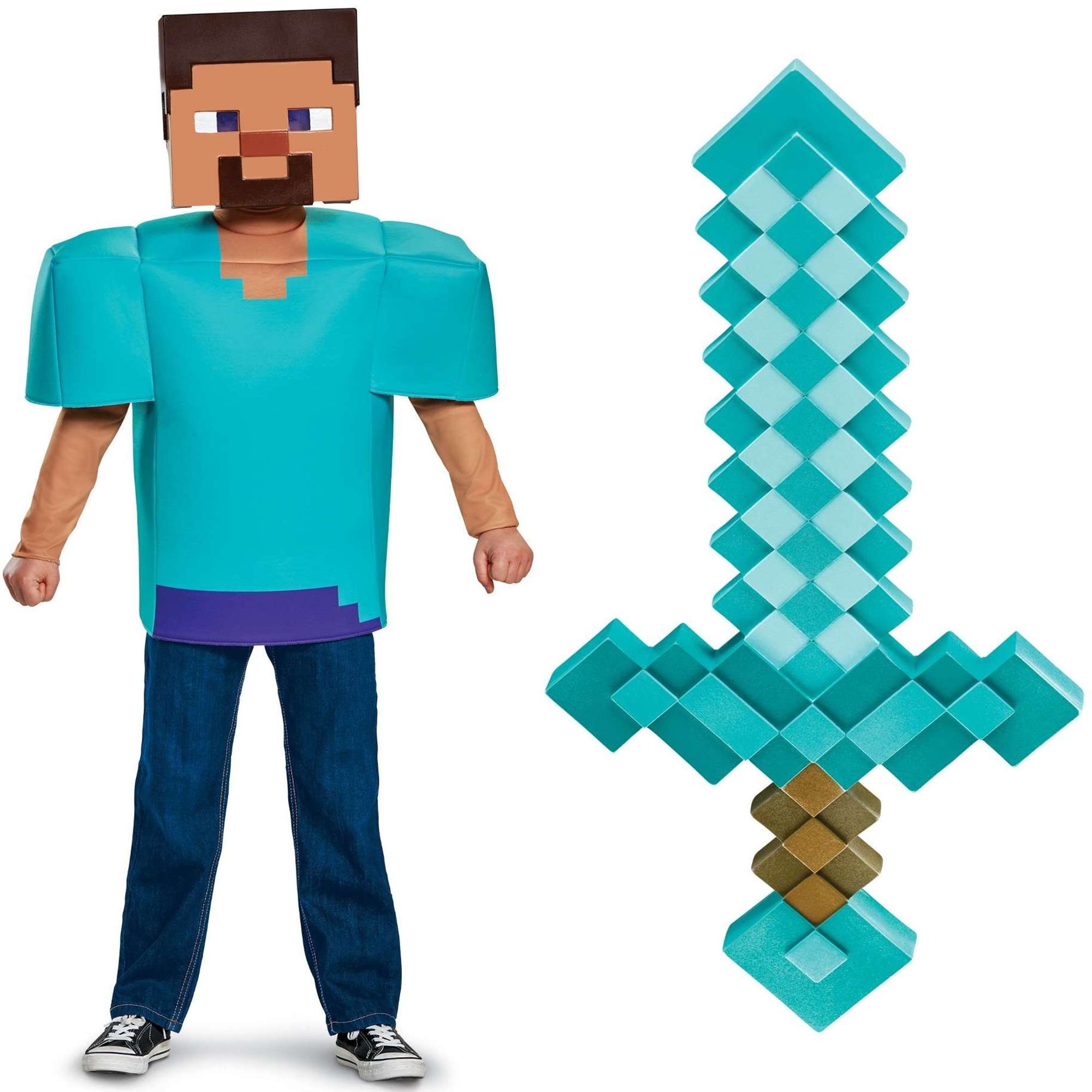 Minecraft kostium, strj karnawaowy zestaw: Steve + miecz 124-136 cm (7-8 lat)