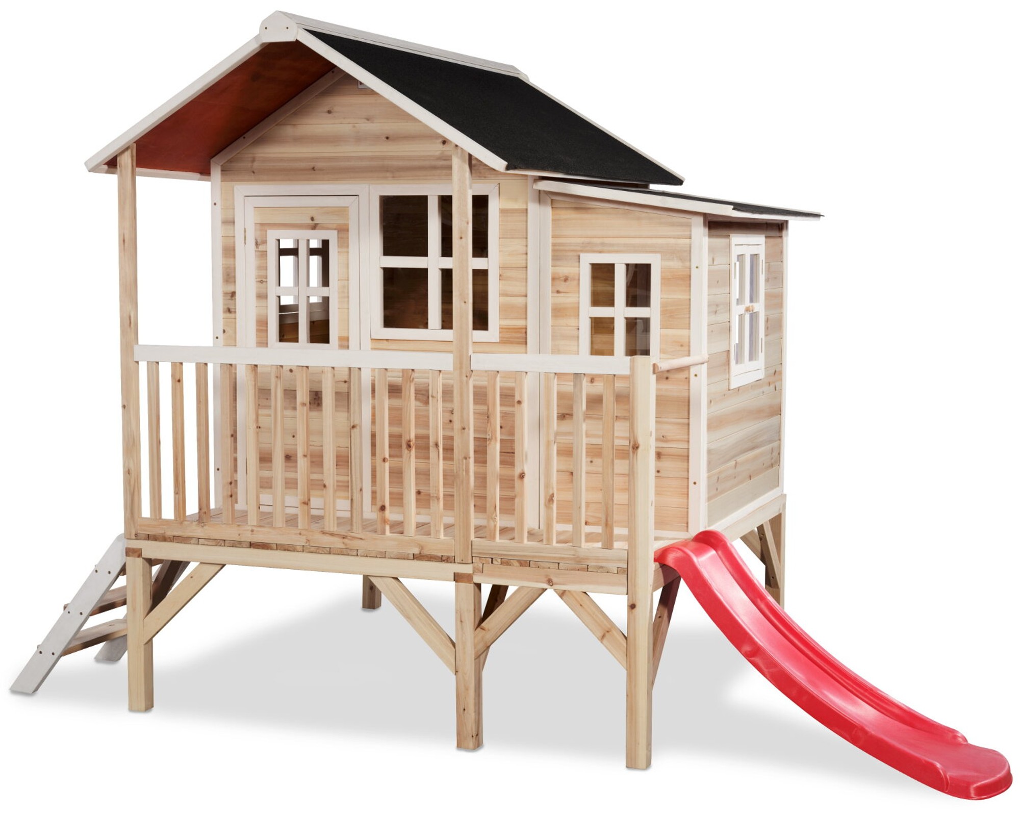 Drewniany domek ogrodowy dla dzieci Loft 350 (schodki, zjedalnia, taras, przybudwka) - naturalny