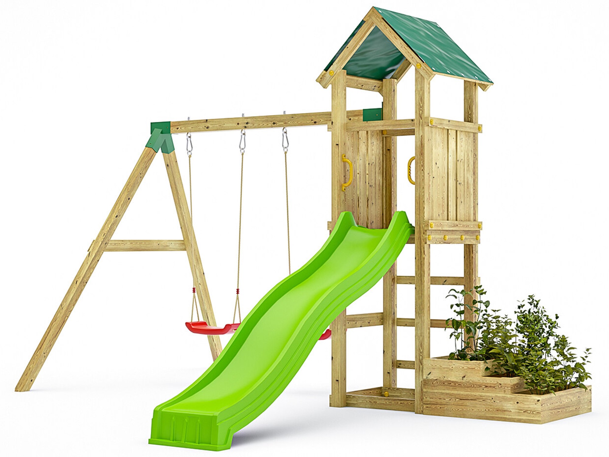 Plac zabaw drewniany ogrodowy Green Space KDI domek, zjedalnia, 2x hutawka, drabinka