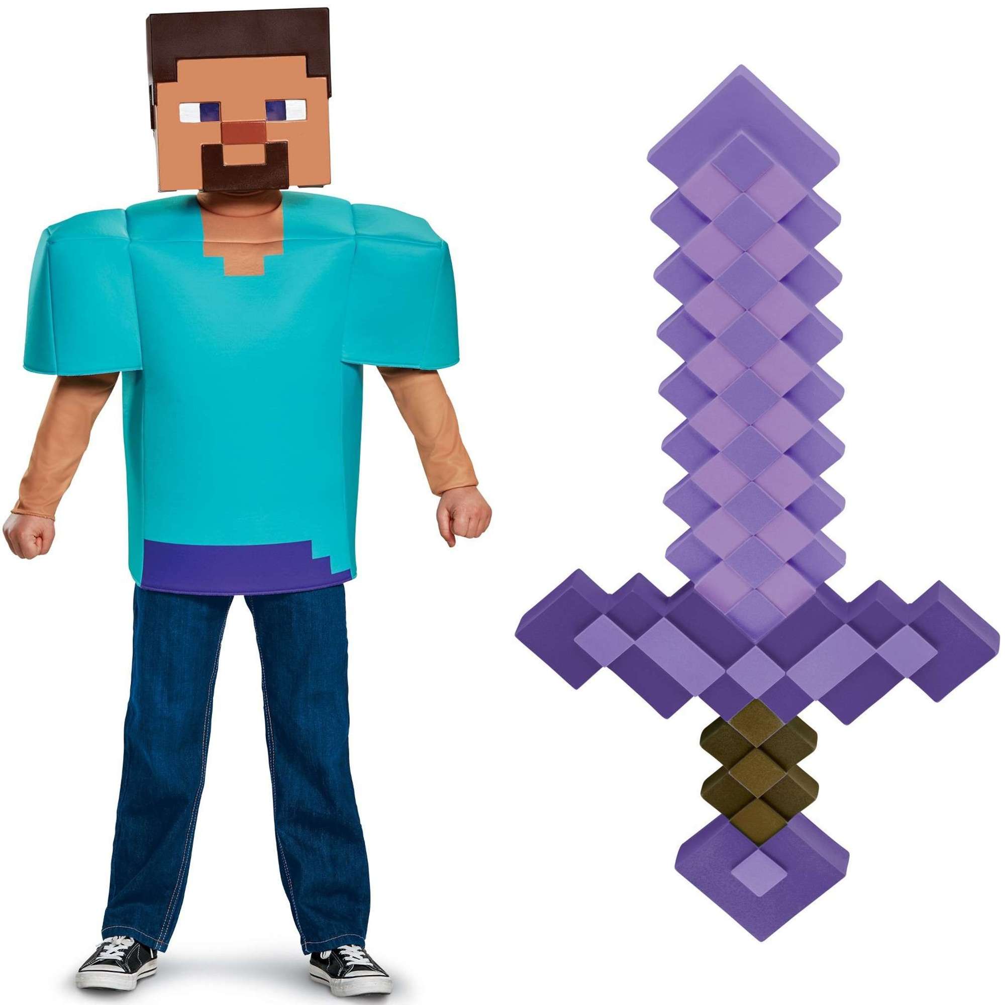 Minecraft kostium, strj karnawaowy zestaw: Steve + miecz 124-136 cm (7-8 lat)