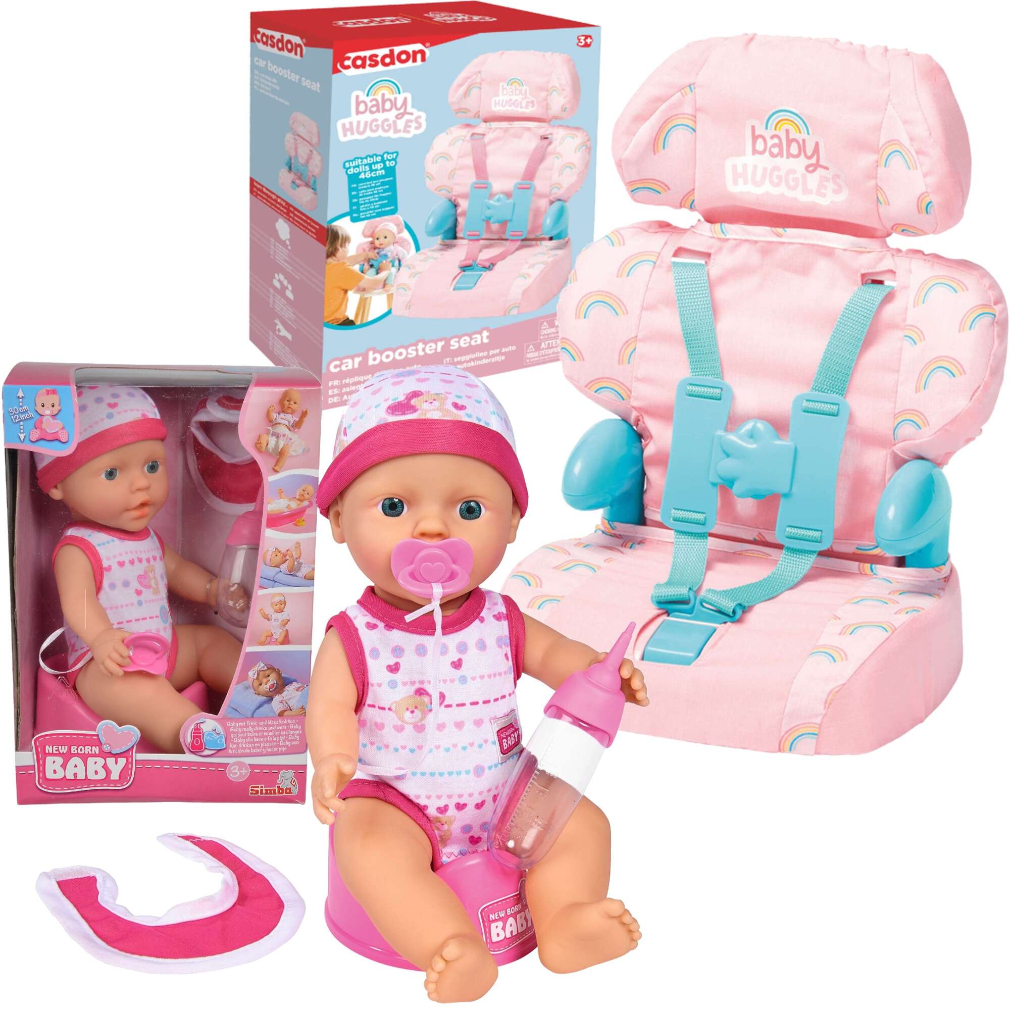 Zestaw Fotelik samochodowy dla lalek Baby Huggles + lalka bobas funkcyjny noworodek siusiajcy New Born 30 cm