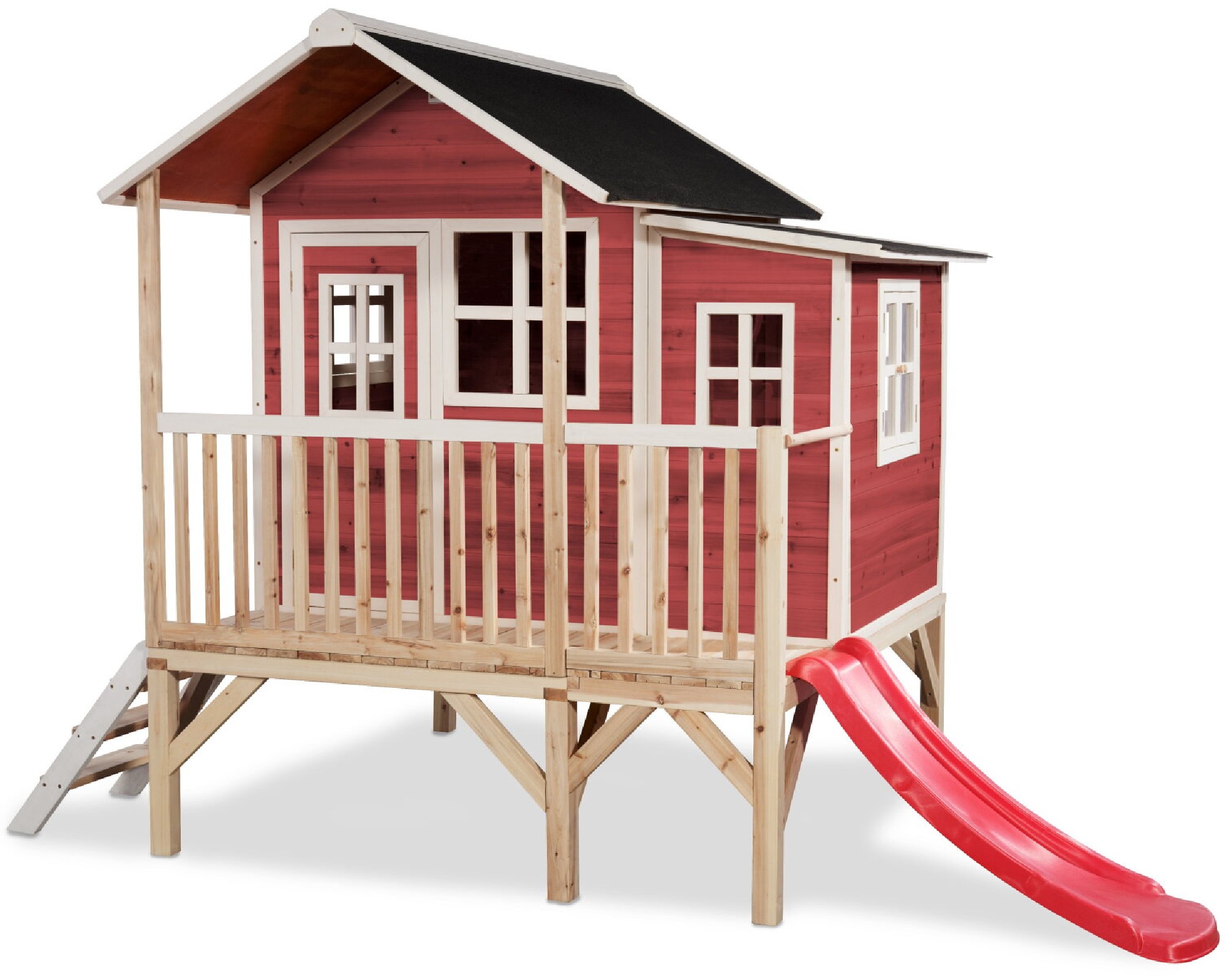 Drewniany domek ogrodowy dla dzieci Loft 350 (schodki, zjedalnia, taras, przybudwka) - czerwony