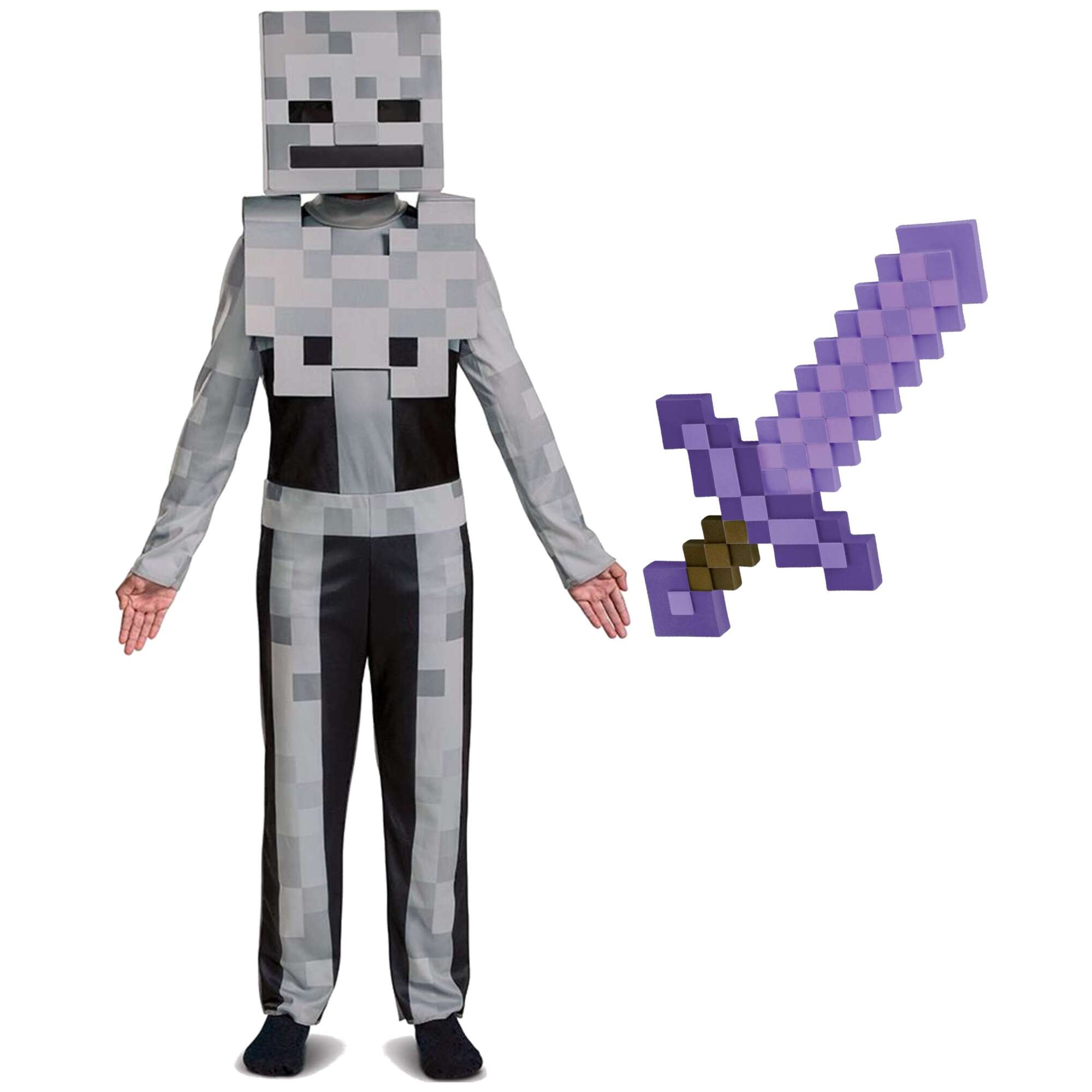 Minecraft Kostium Strj karnawaowy Skeleton Przebranie Biay Szkielet 127-136 cm 7-8 lat + Netherite'owy miecz 51 cm