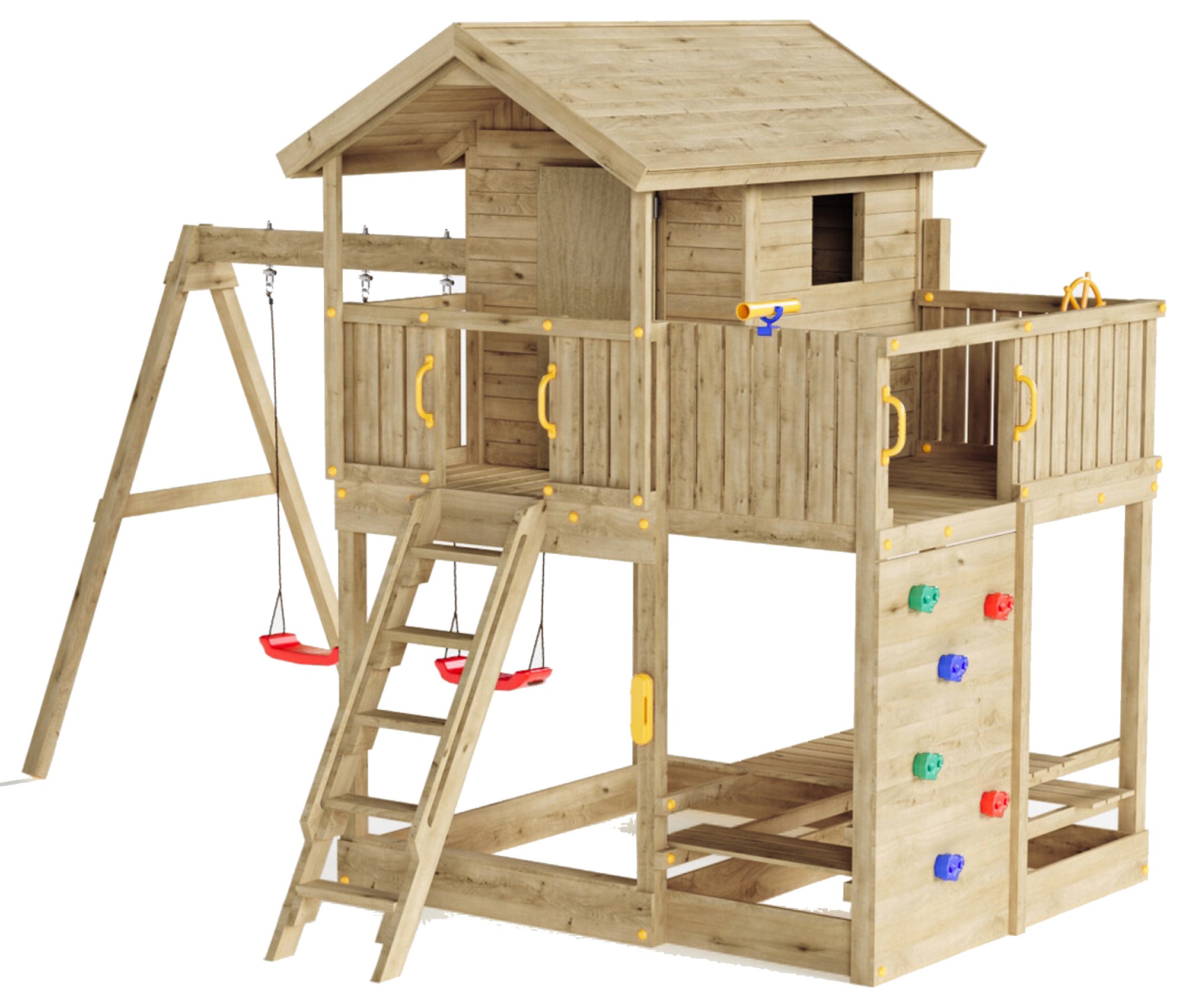 Plac zabaw drewniany ogrodowy Galaxy Moonlight KDI domek, 2x hutawka, piaskownica, st piknikowy, cianka wspinaczkowa, drabinka