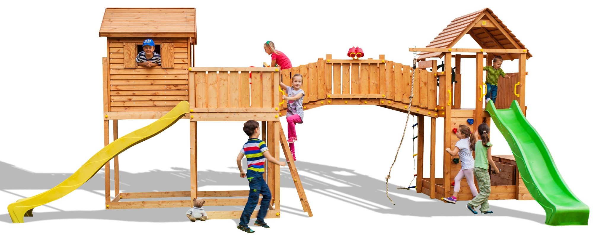 Plac zabaw drewniany XXL Sized Plaza 2x domek, 2x zjedalnia, cianka i lina wspinaczkowa, drabinki, most