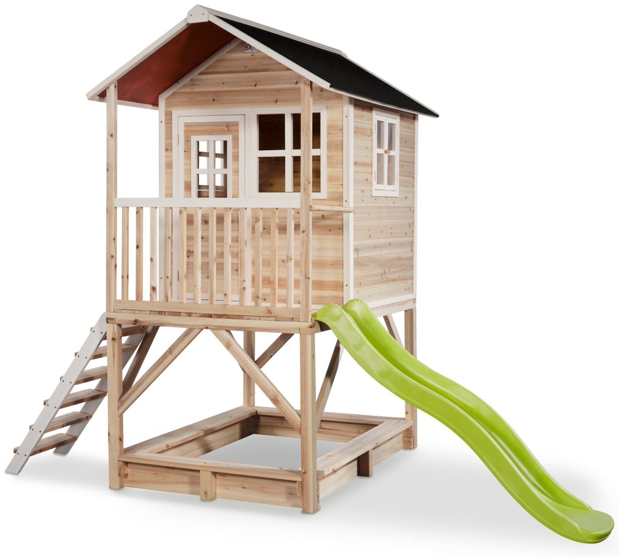 Drewniany domek ogrodowy dla dzieci Loft 500 (schodki, zjedalnia, taras, piaskownica) - naturalny