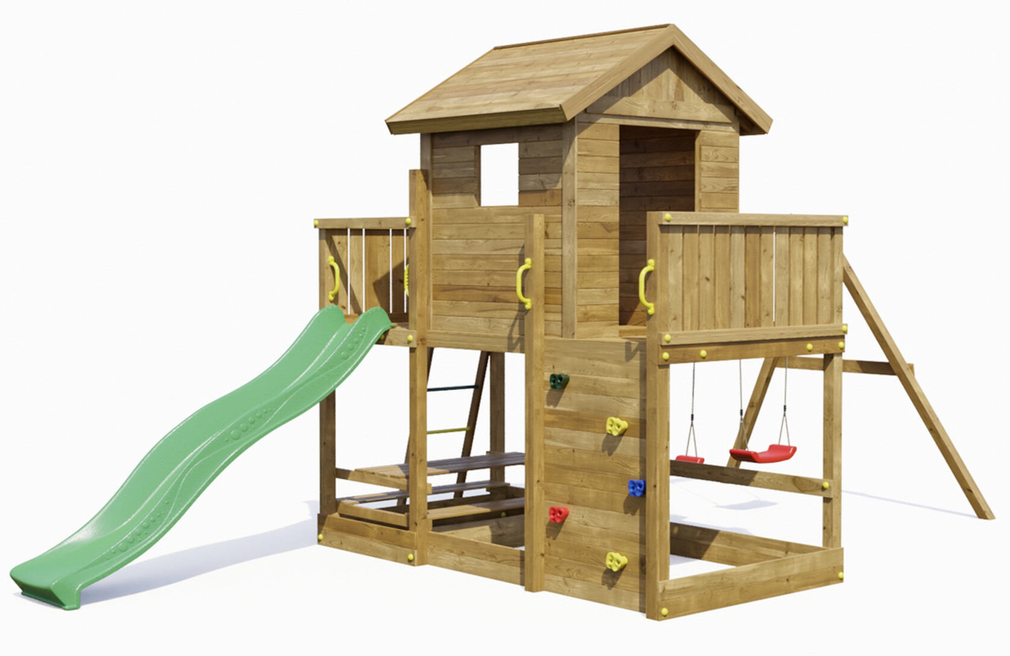 Plac zabaw drewniany ogrodowy Mars KDI domek, zjedalnia, 2x hutawka, st piknikowy, cianka wspinaczkowa