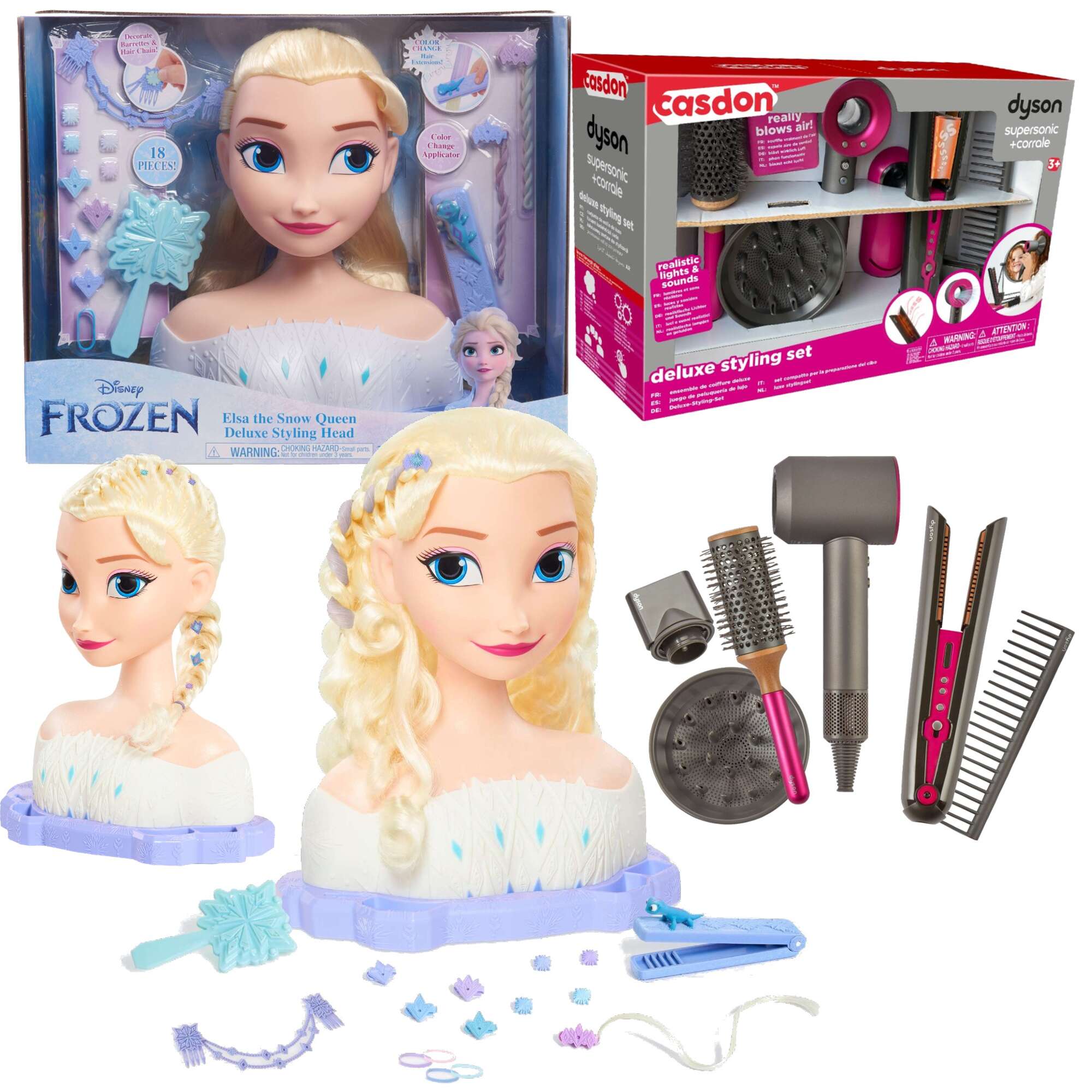 Lalka Dua Gowa do czesania i stylizacji wosw Deluxe Ksiniczka Disney Elsa Kraina Lodu z akcesoriami + Dyson Zestaw do stylizacji wosw z suszark i prostownic Deluxe 7 elementw