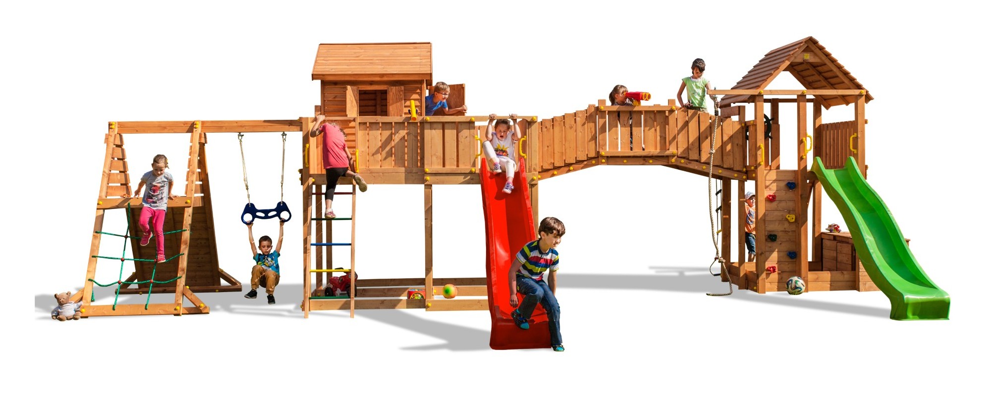 Plac zabaw drewniany XXL Spider Land 2x domek, 2x zjedalnia, hutawka, cianka i lina wspinaczkowa, drabinki, most