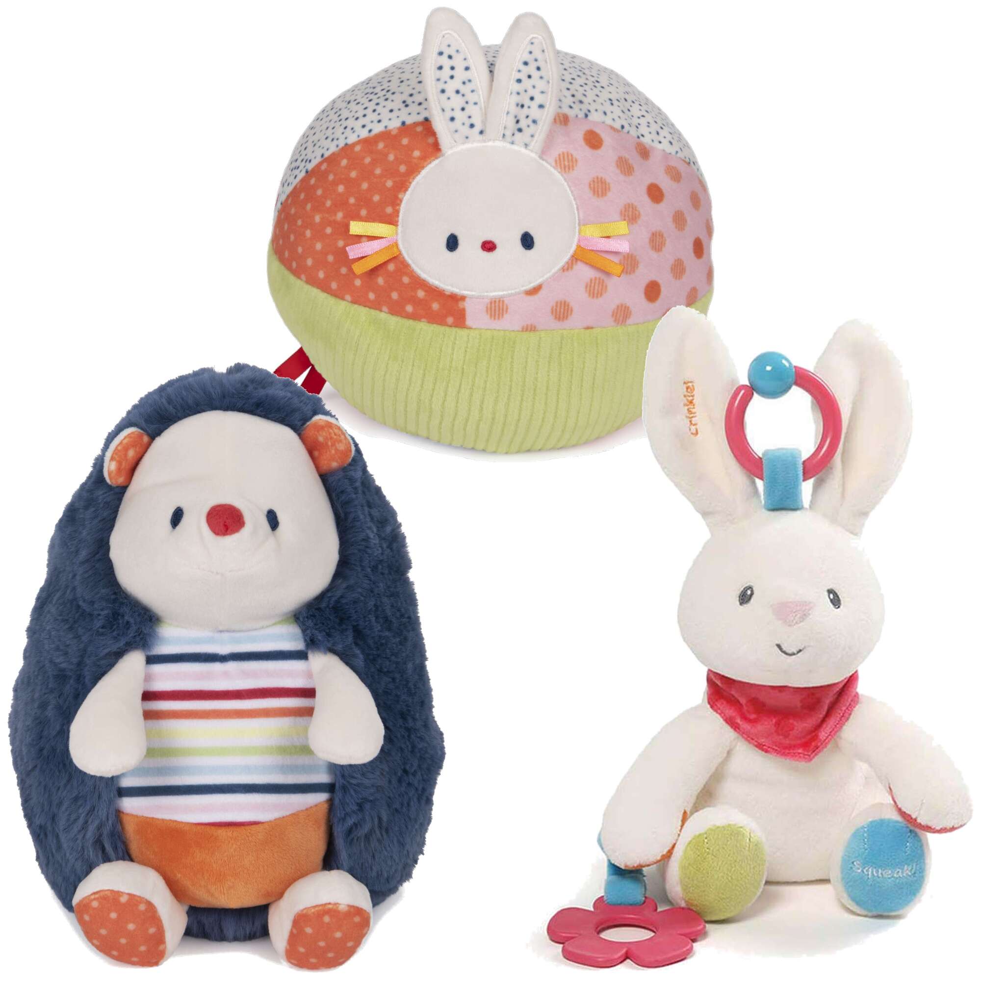 Zestaw 3 sensorycznych zabawek niemowlcych: pika aktywnoci, maskotka jeyk i krlik z grzechotk 0+