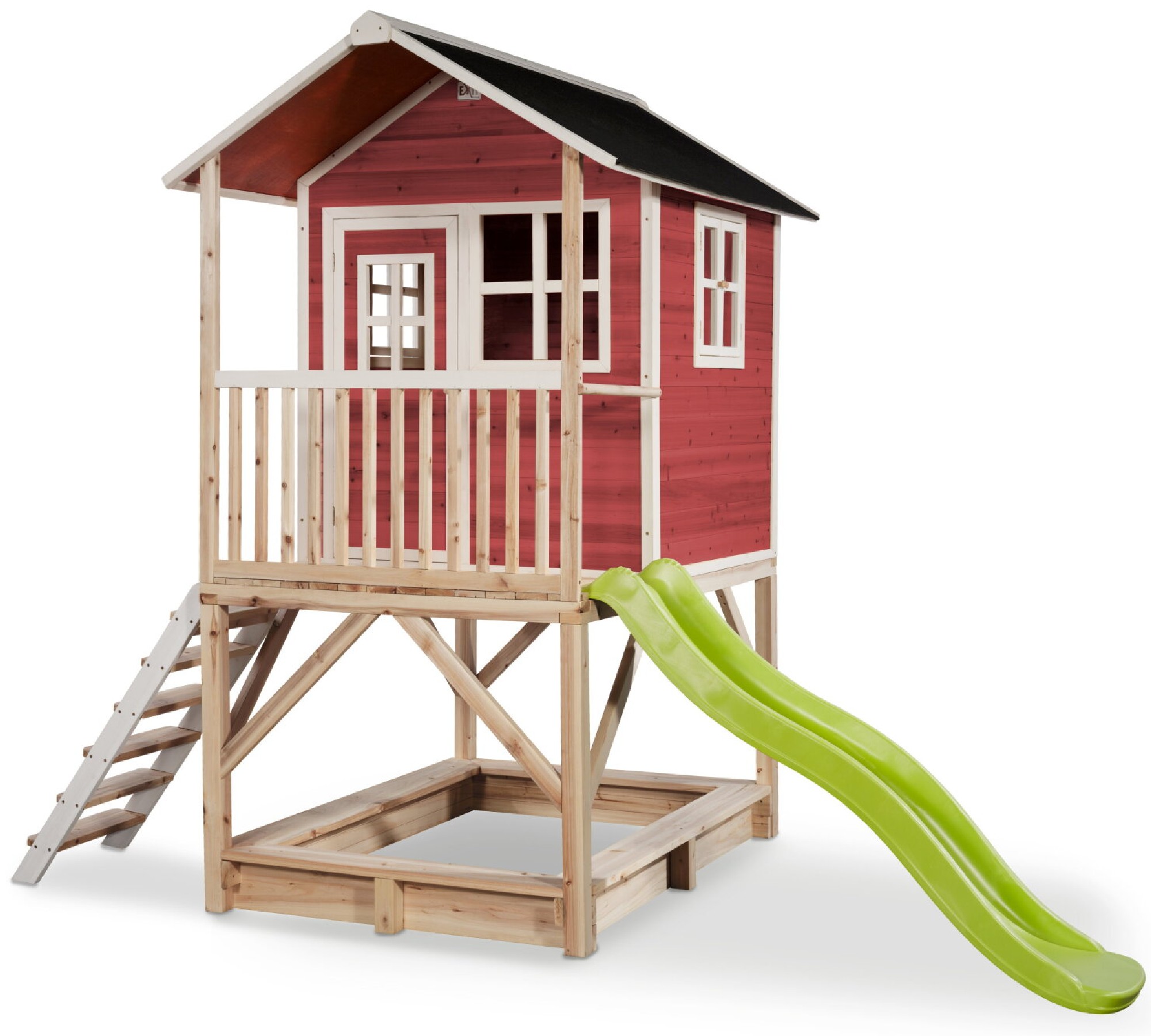 Drewniany domek ogrodowy dla dzieci Loft 500 (schodki, zjedalnia, taras, piaskownica) - czerwony
