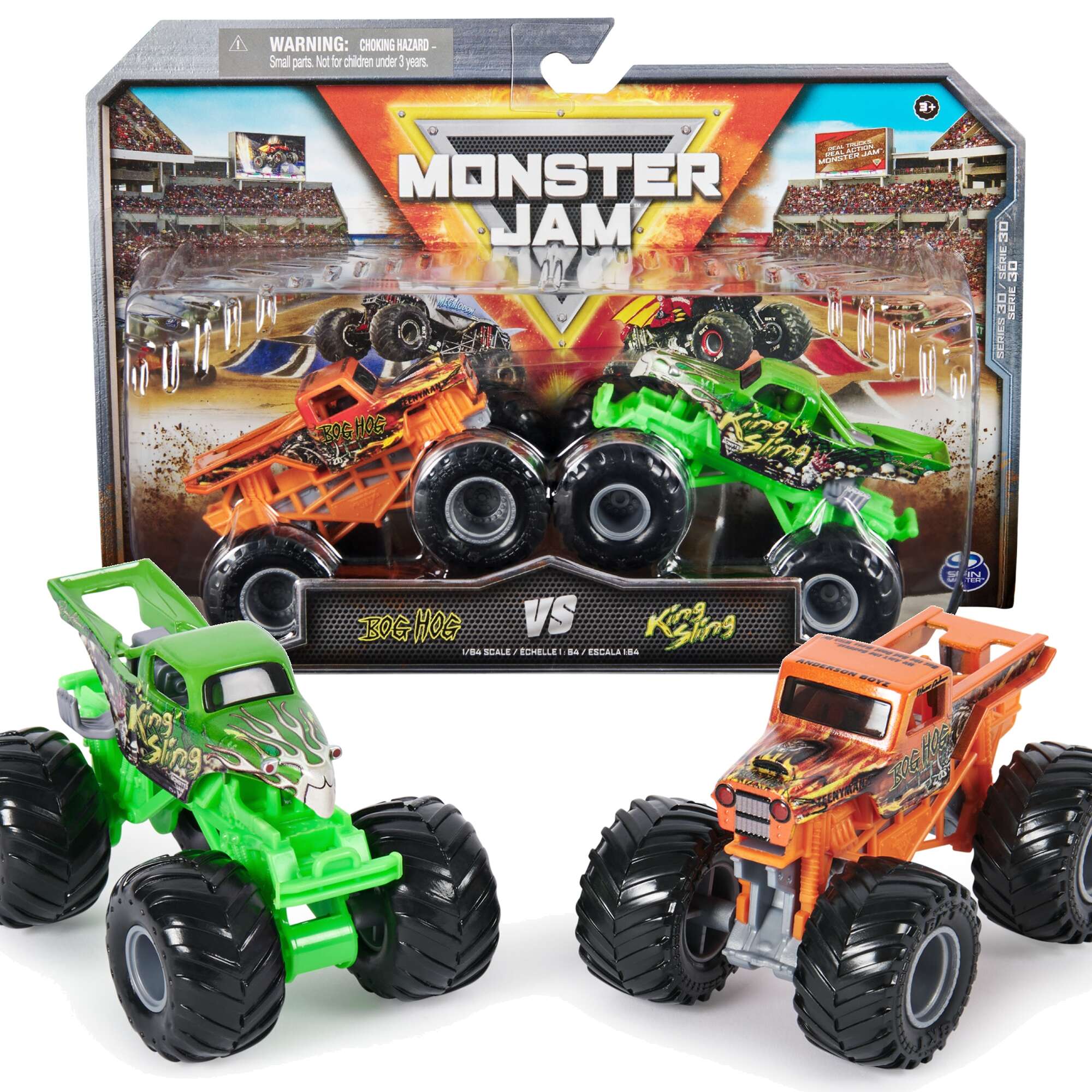 Monster Jam 2 pojazdy Monster Truck 1:64 Bog Hog vs King Sling