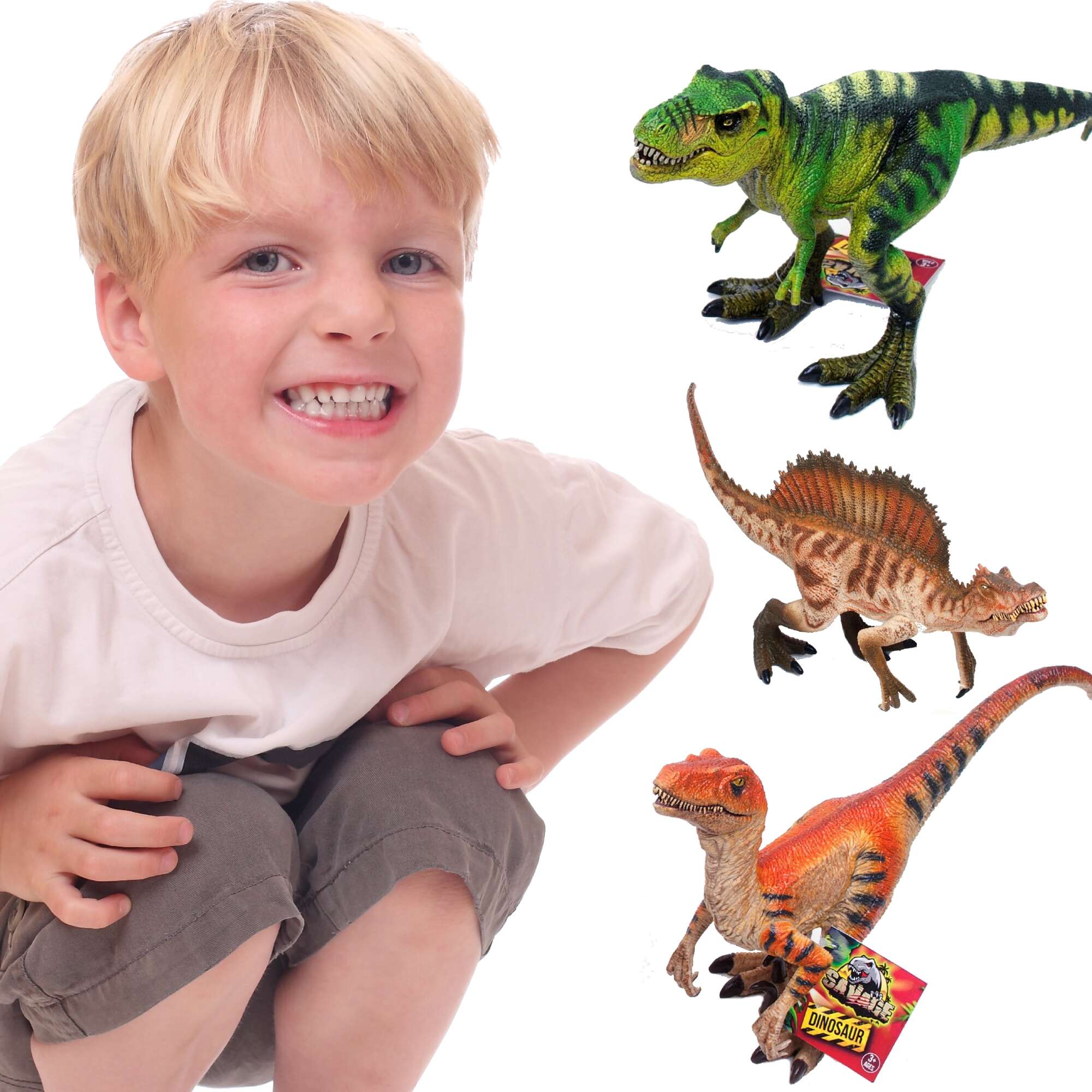 Zestaw figurek Dinozaurw Spinozaur 14 cm, Velociraptor 19 cm i T-Rex 13 cm