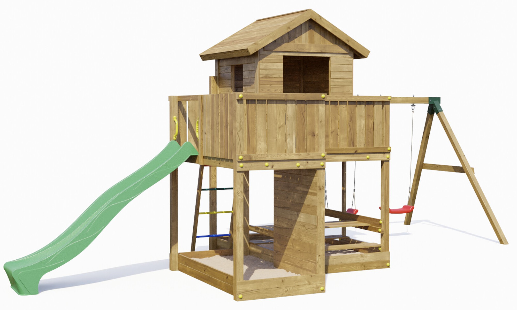Plac zabaw drewniany ogrodowy Pluto KDI domek, zjedalnia, 2x hutawka, 2x piaskownica, st piknikowy, cianka wspinaczkowa