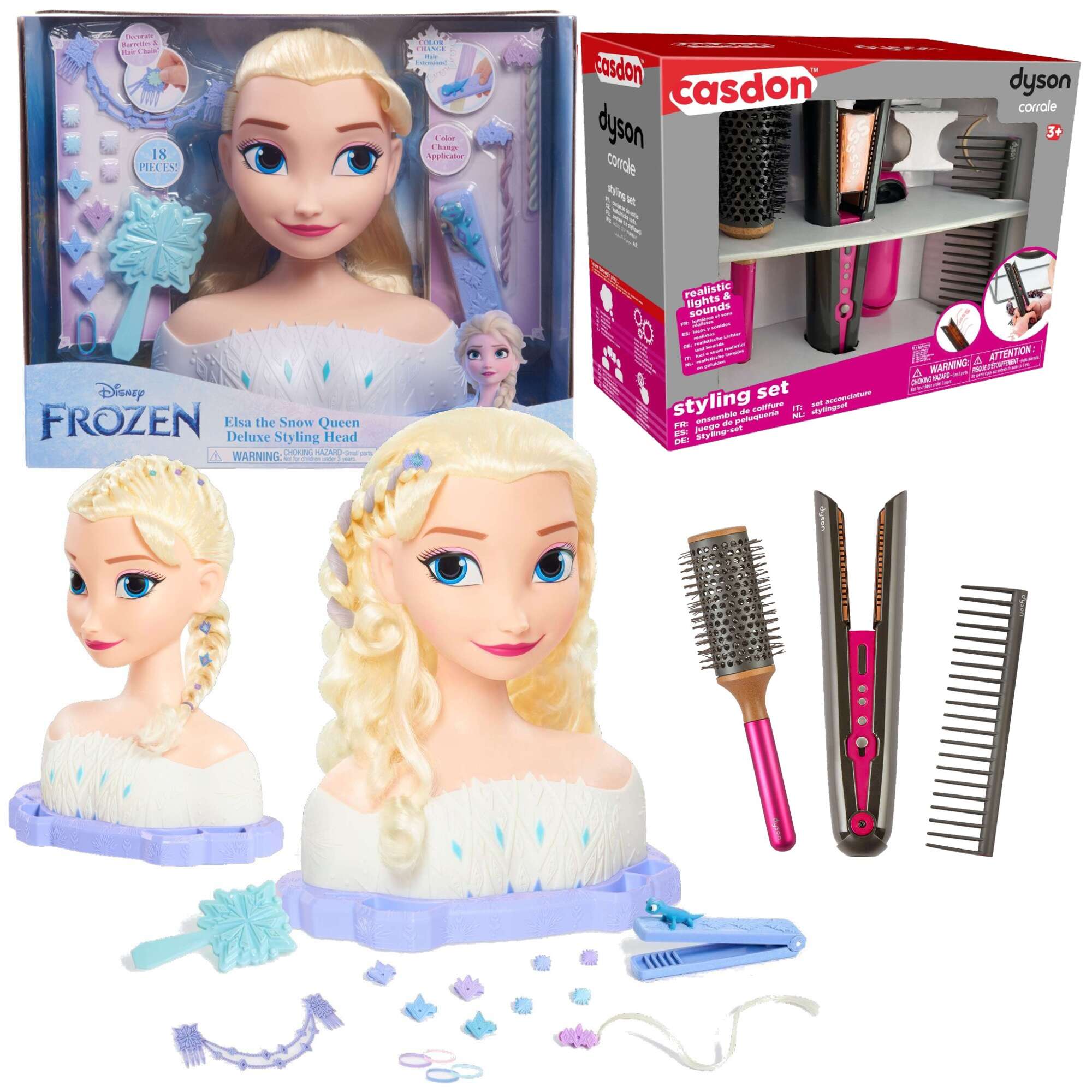 Lalka Dua Gowa do czesania i stylizacji wosw Deluxe Ksiniczka Disney Elsa Kraina Lodu z akcesoriami + Dyson Zestaw do stylizacji wosw Prostownica Corrale - 4 elementy