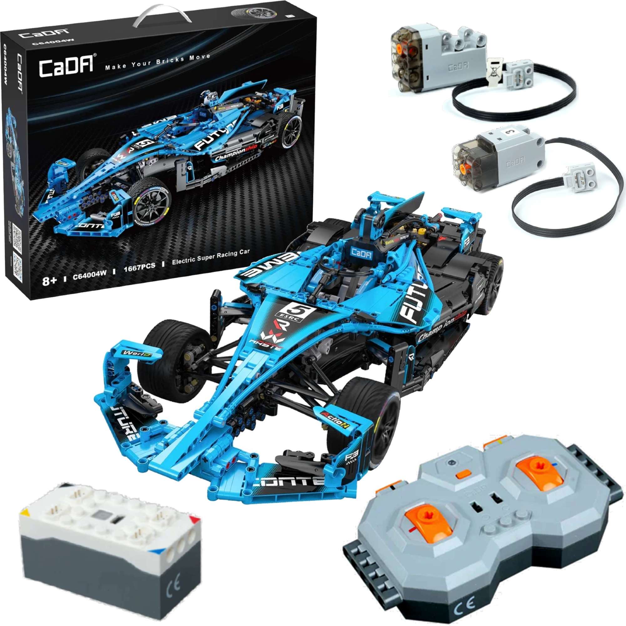 Klocki konstrukcyjne CaDA Zdalnie sterowane due auto wycigowe 60 cm Samochd sportowy Electric Super Racing Car Niebieska wycigwka z napdem Power System Pojazd RC 1667 elementw