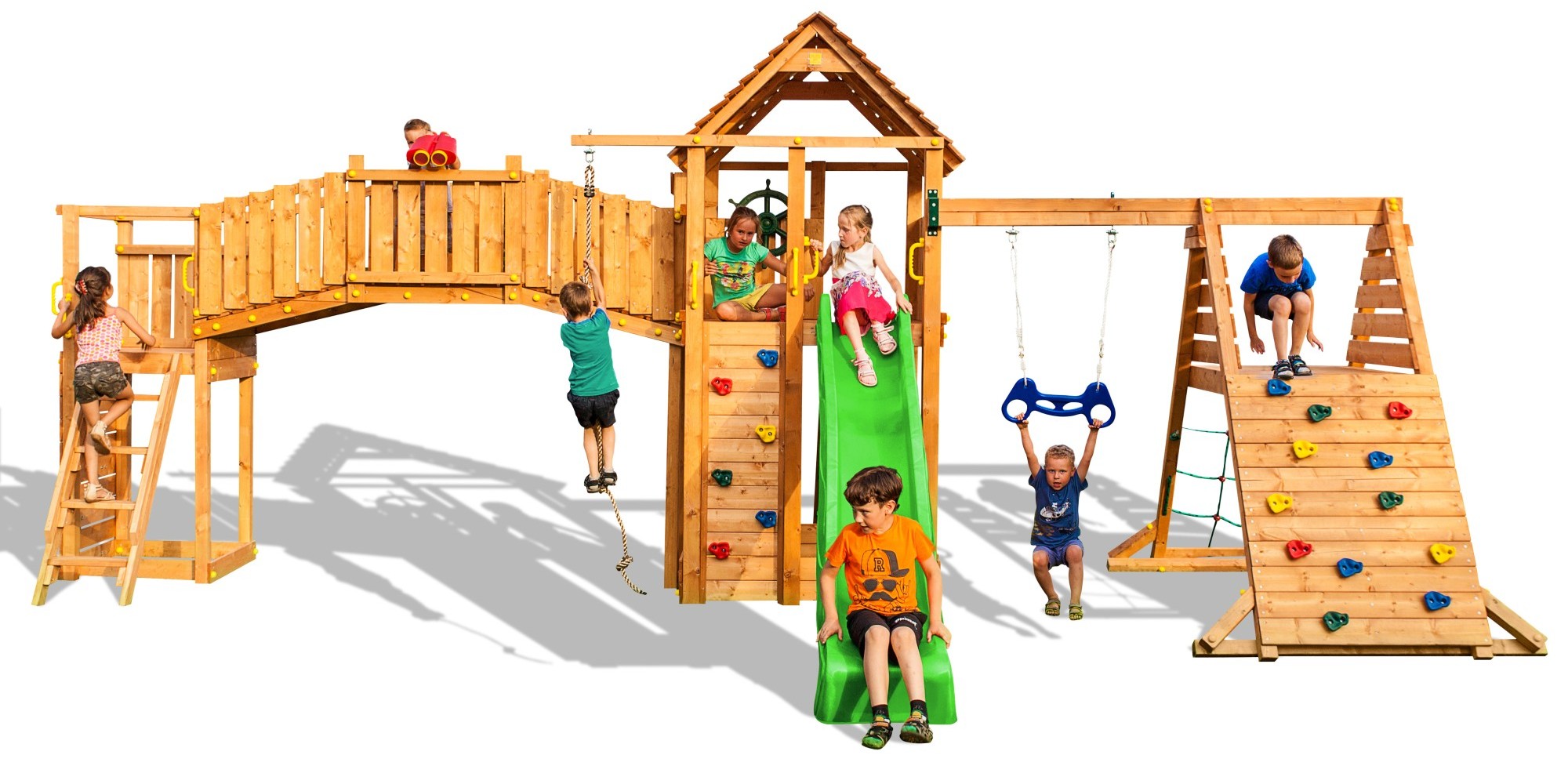 Plac zabaw drewniany XXL Fun Gym domek, hutawka, zjedalnia, cianka i lina wspinaczkowa, most, drabinki