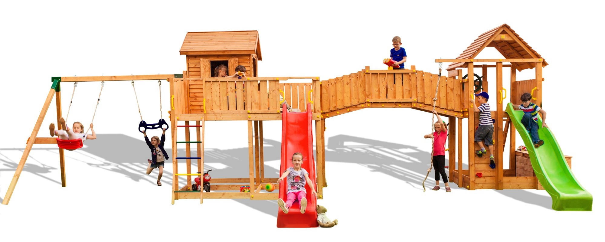 Plac zabaw drewniany XXL Smile Farm 2x domek, 2x zjedalnia, 2x hutawka, cianka i lina wspinaczkowa, drabinki, most