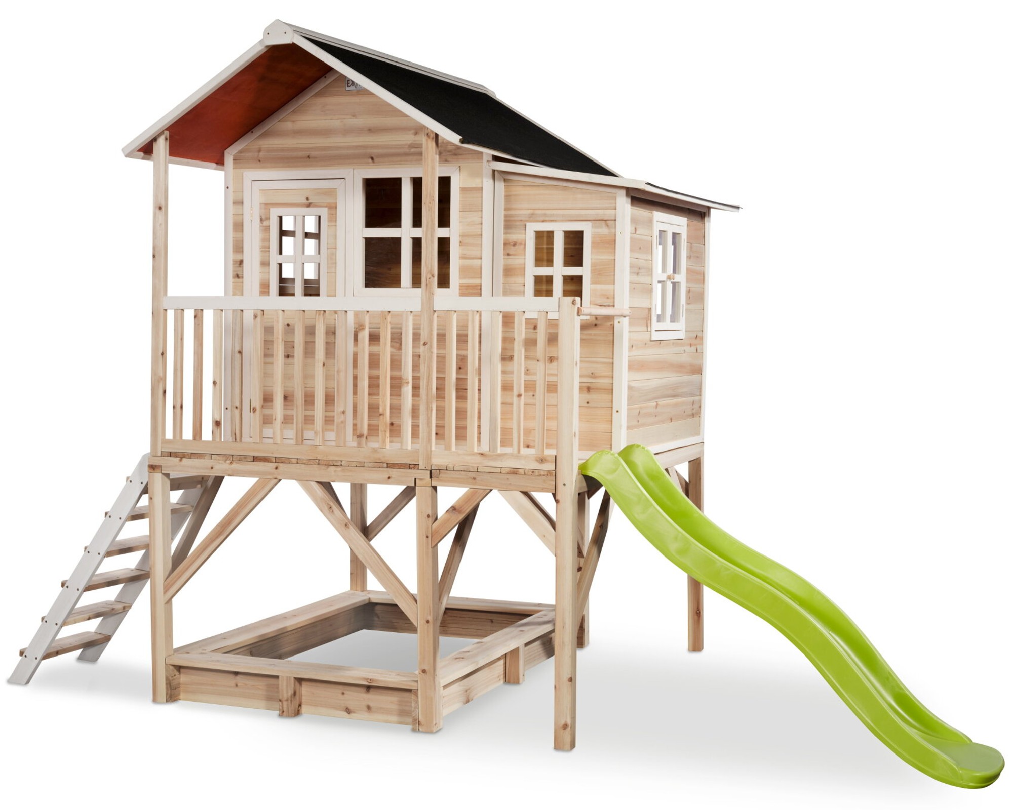 Drewniany domek ogrodowy dla dzieci Loft 550 (schodki, zjedalnia, taras, piaskownica) - naturalny
