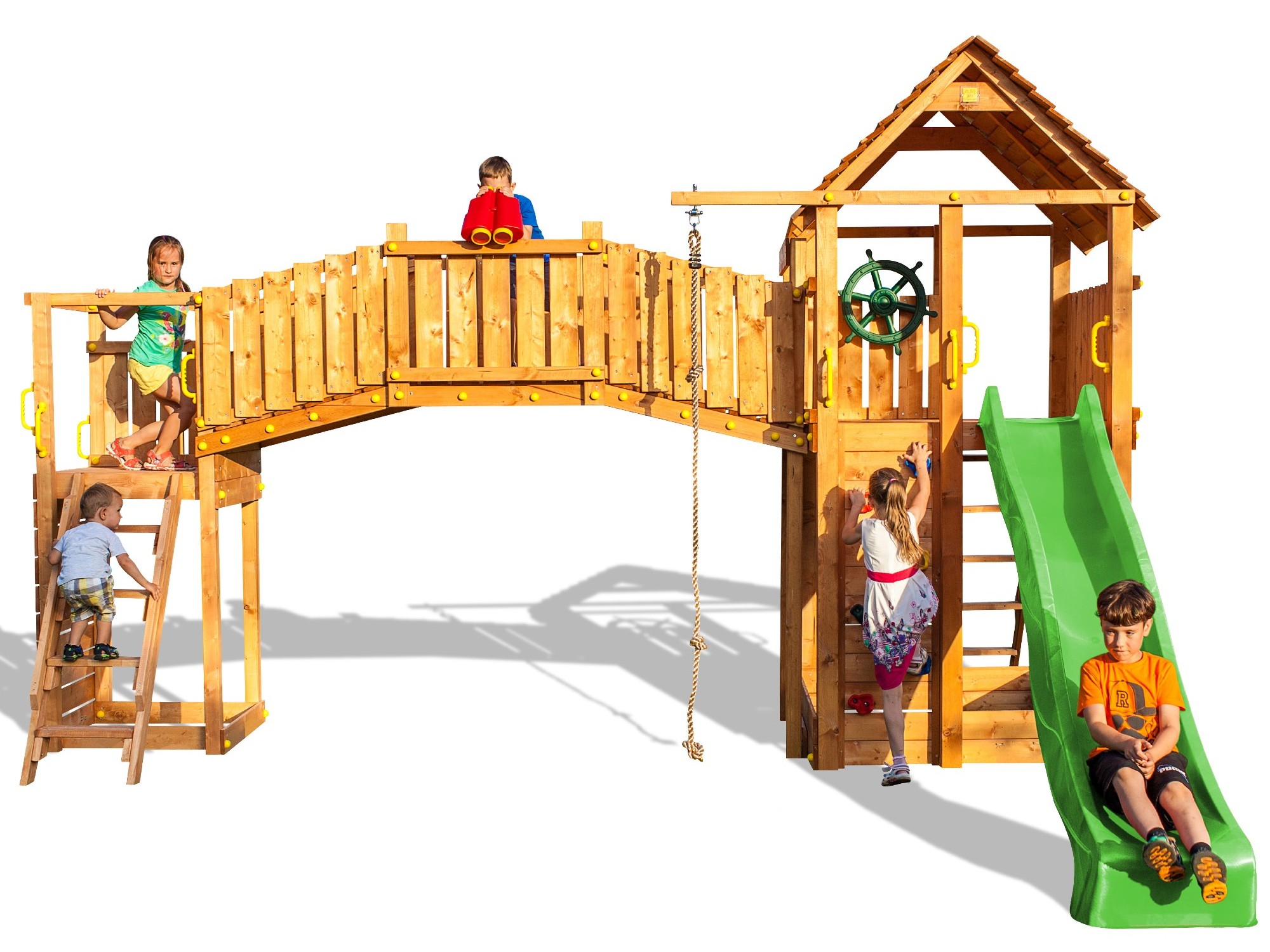 Plac zabaw drewniany duy Rainbow Fortress Tip domek, zjedalnia, drabinka, schodki, lina i cianka wspinaczkowa