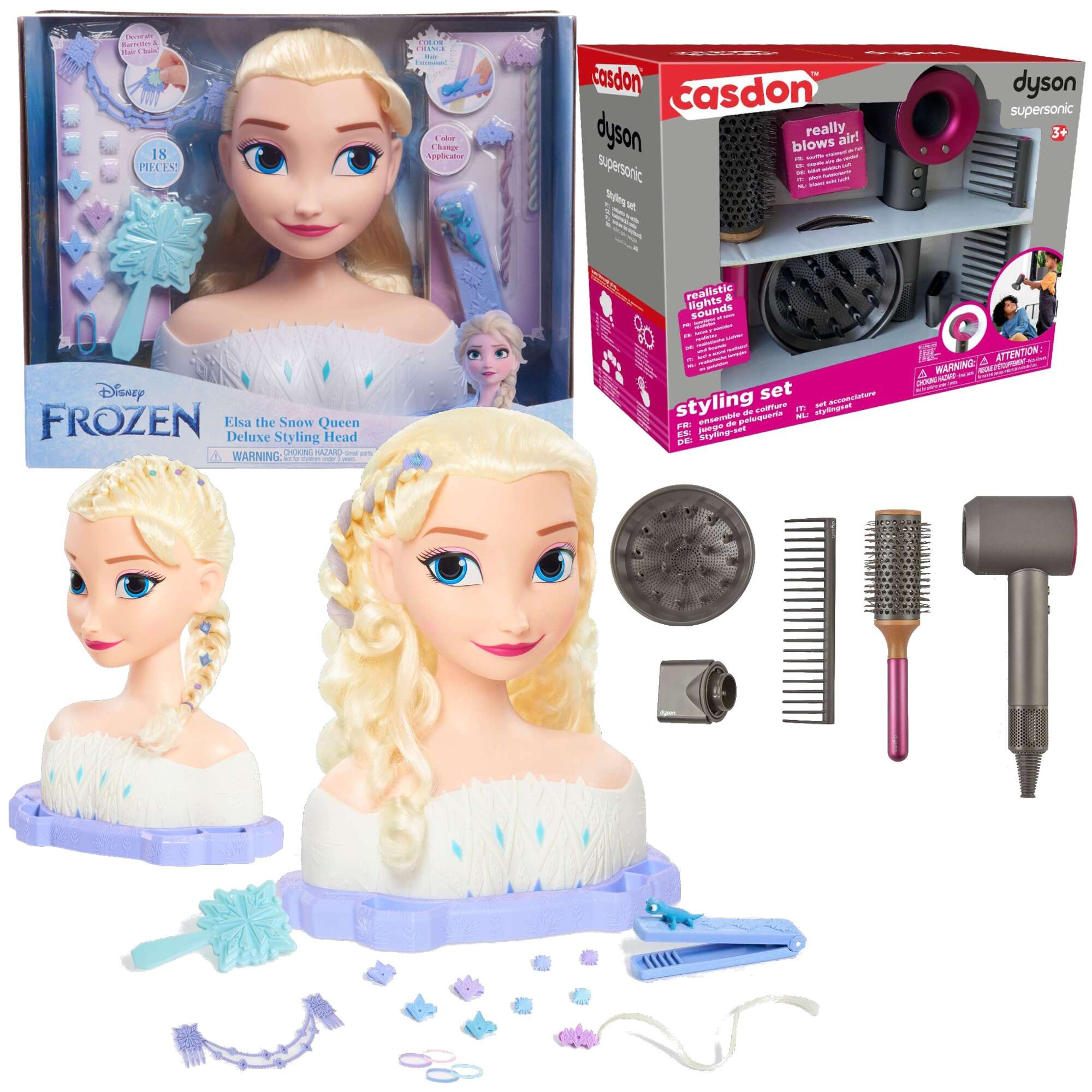 Lalka Dua Gowa do czesania i stylizacji wosw Deluxe Ksiniczka Disney Elsa Kraina Lodu z akcesoriami + Dyson Zestaw do stylizacji wosw Suszarka Supersonic 5 elementw