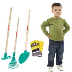 Zestaw Grabie Łopata Rękawice ogrodowe Bosch dla dzieci z drewnianym trzonkiem Klein