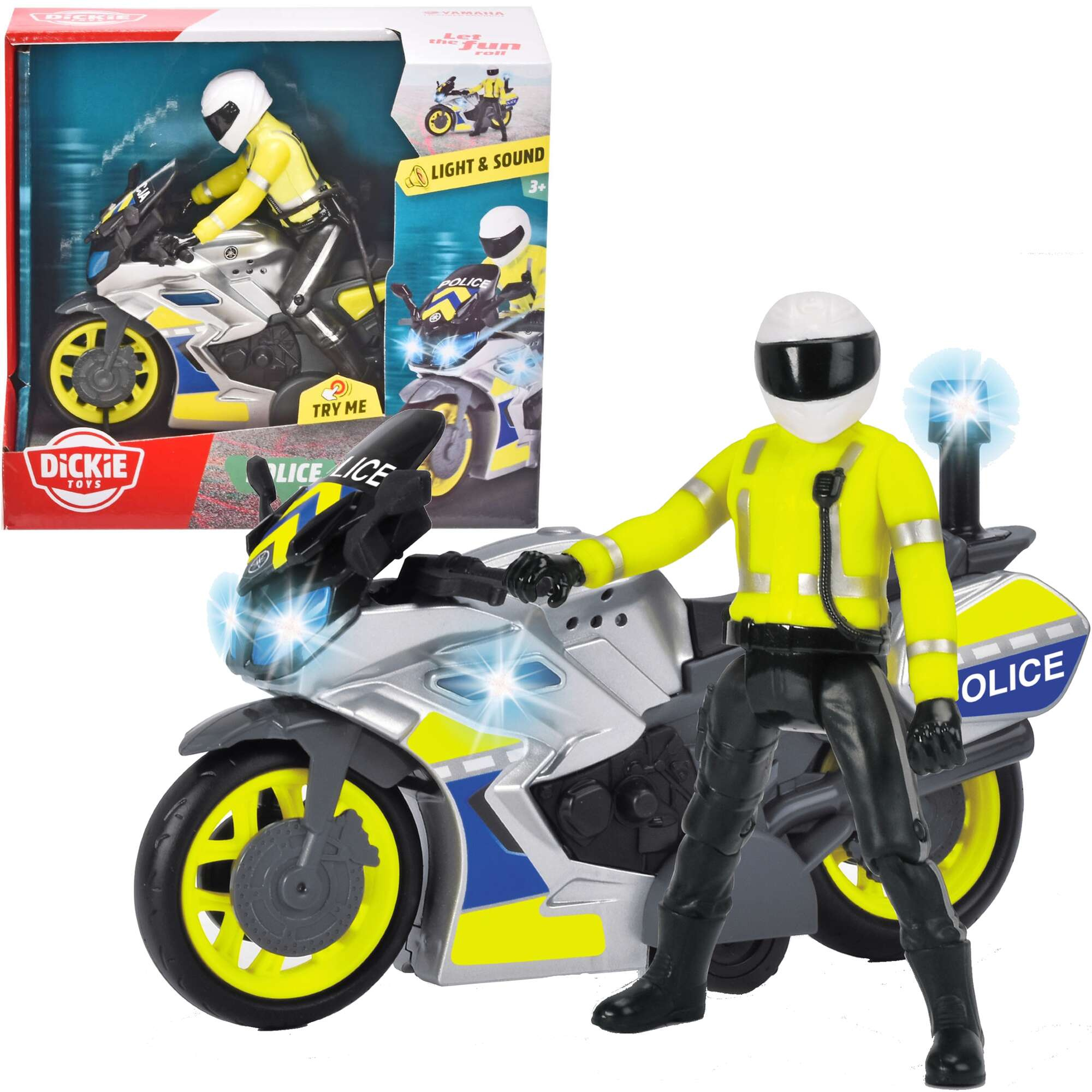 Motocykl policyjny SOS Yamaha z figurk ze wiatem i dwikiem