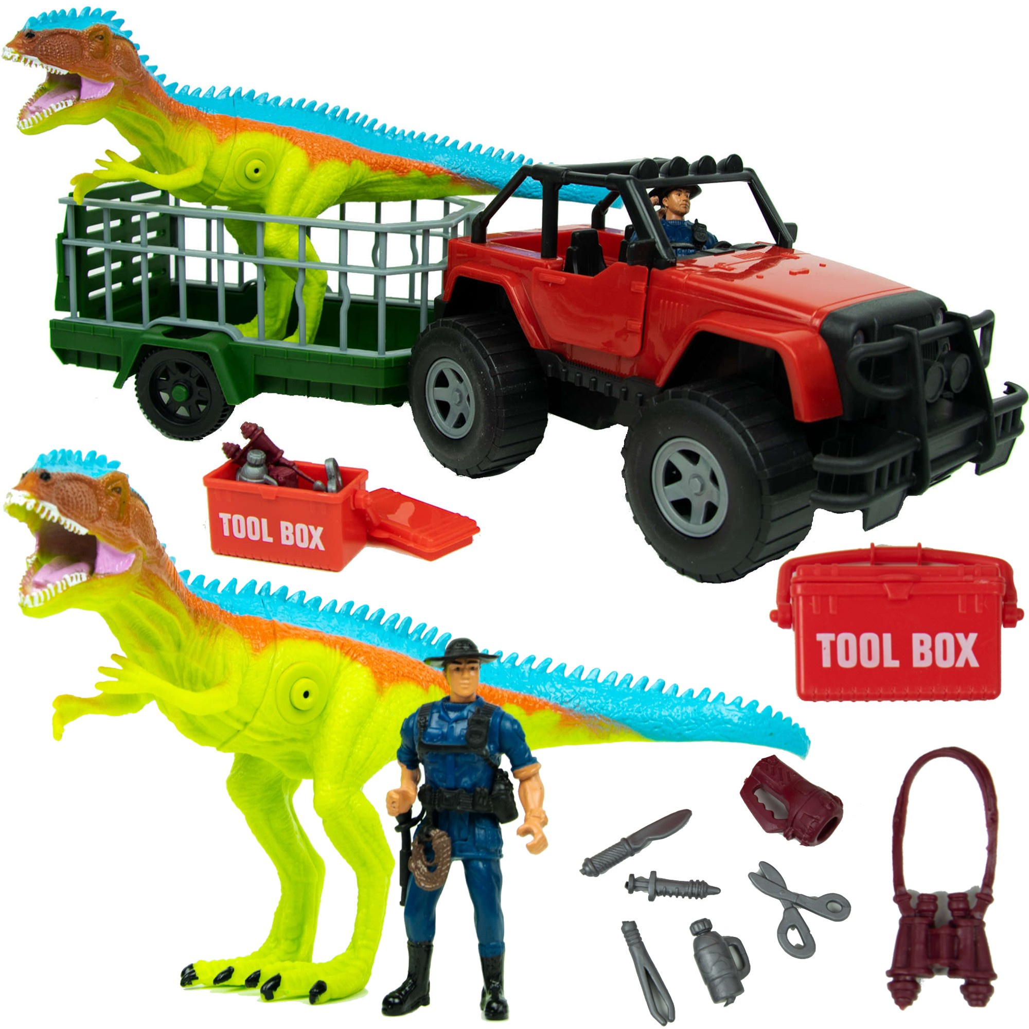 Dinozaur Pojazd apacz Dinozaurw T-Rex Dino 27 Cm Jeep Z Przyczep Klatka Jurassic World